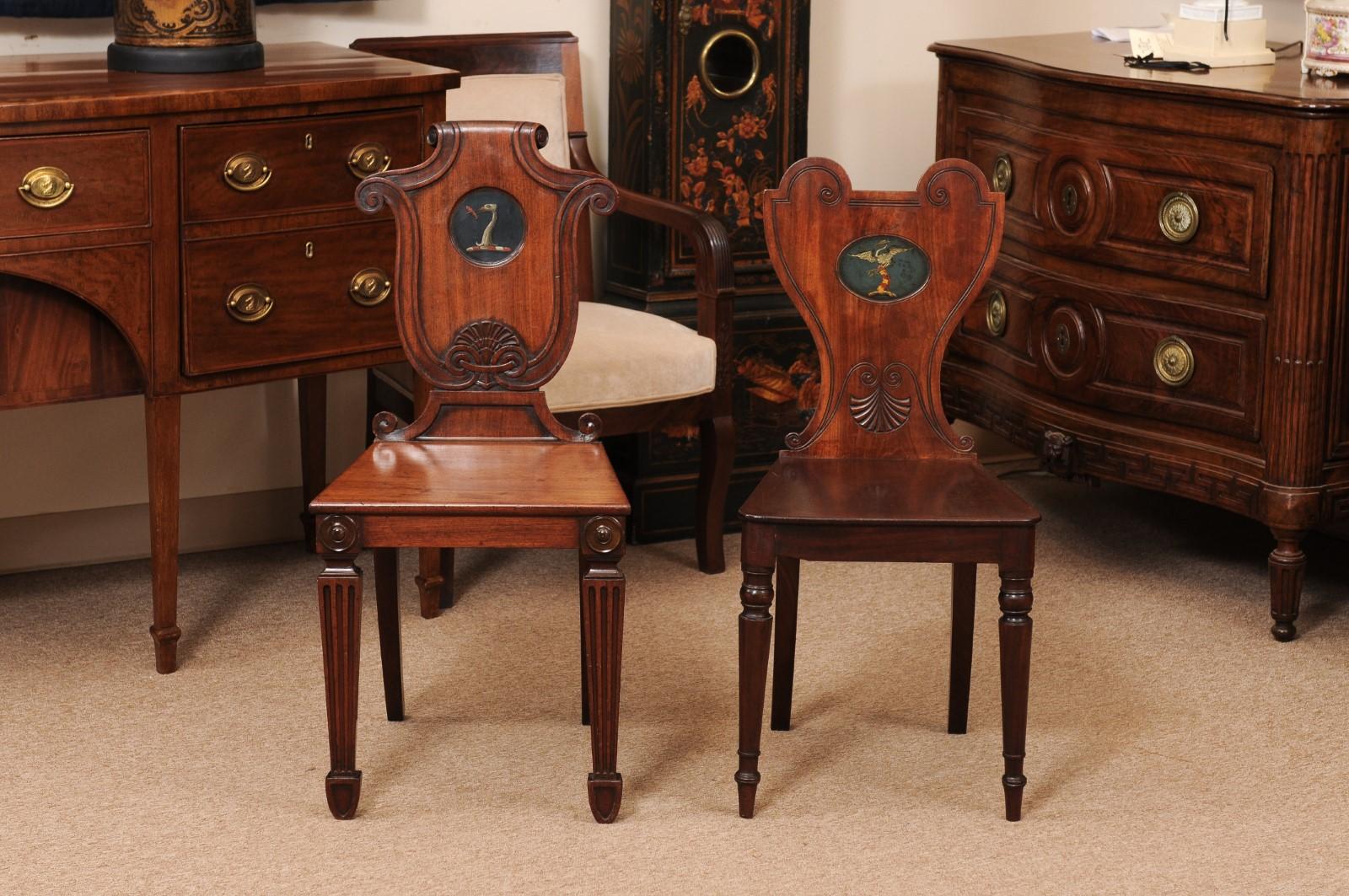 Pair of Early 19th Century English Mahogany Hall Chairs with Black Painted Crest For Sale 10
