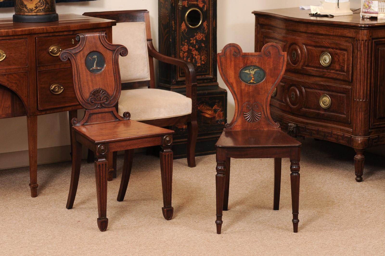 Pair of Early 19th Century English Mahogany Hall Chairs with Black Painted Crests & Square Fluted Legs