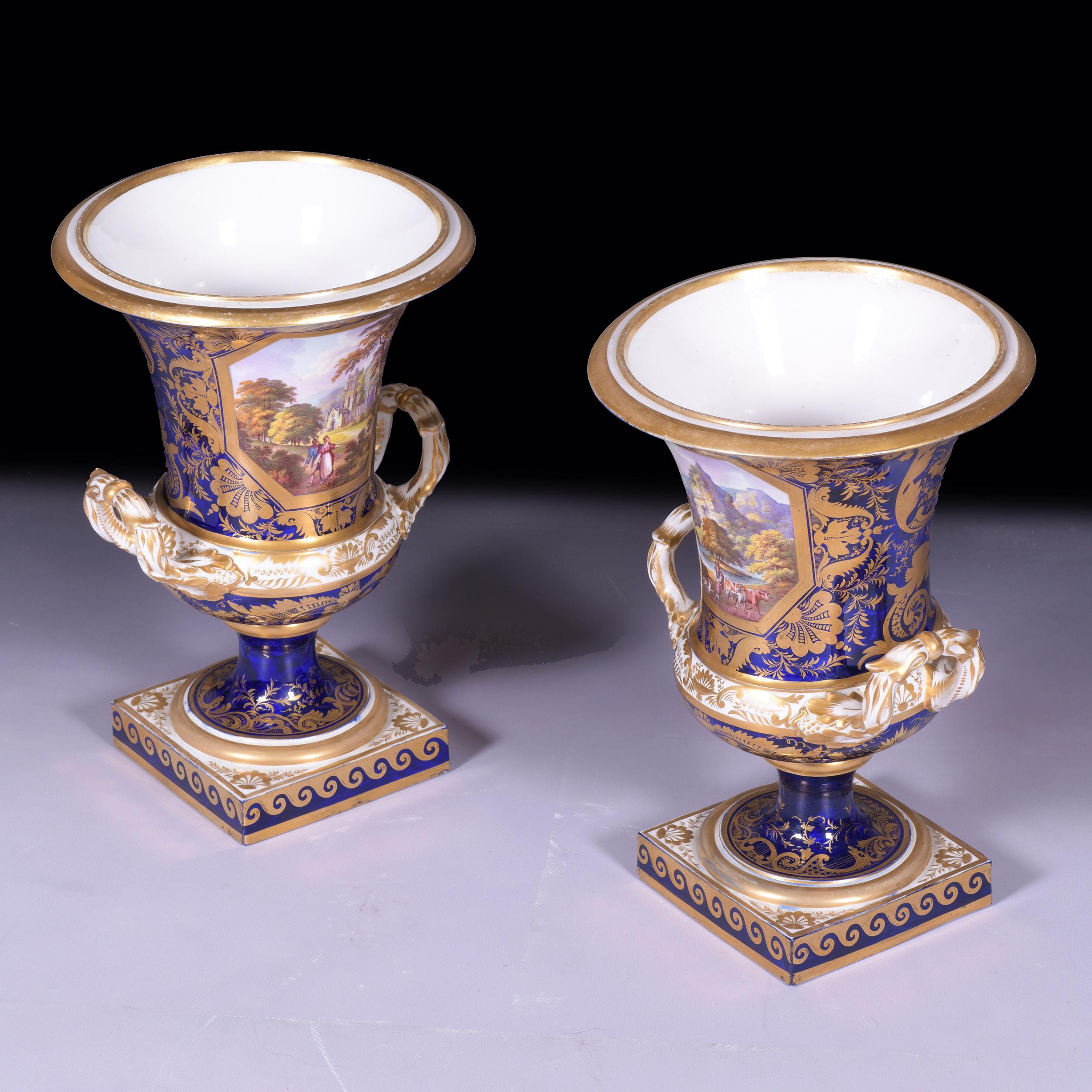 Pair of Early 19th Century English Royal Crown Derby Cobalt Blue Campana Vases 5