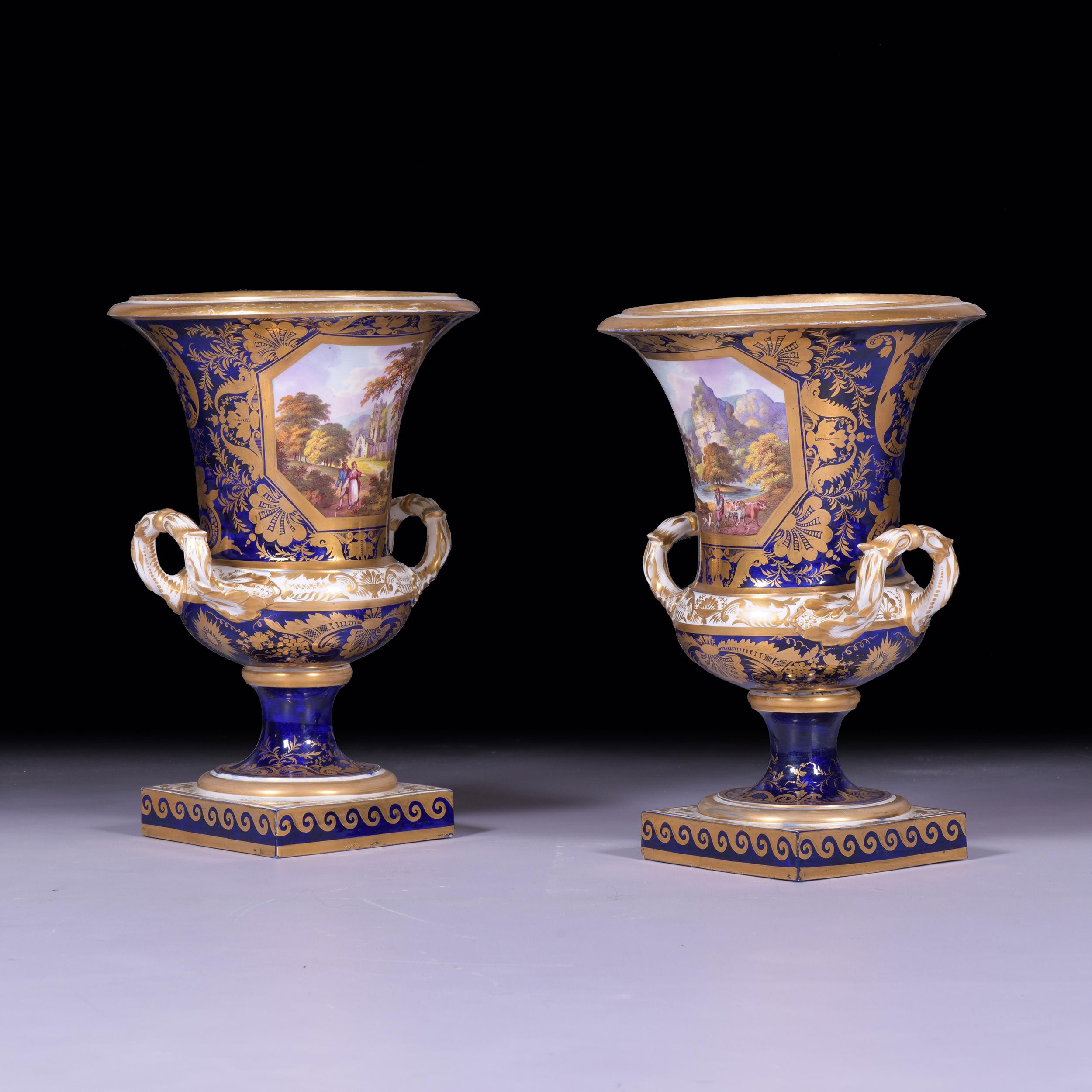 Regency Pair of Early 19th Century English Royal Crown Derby Cobalt Blue Campana Vases