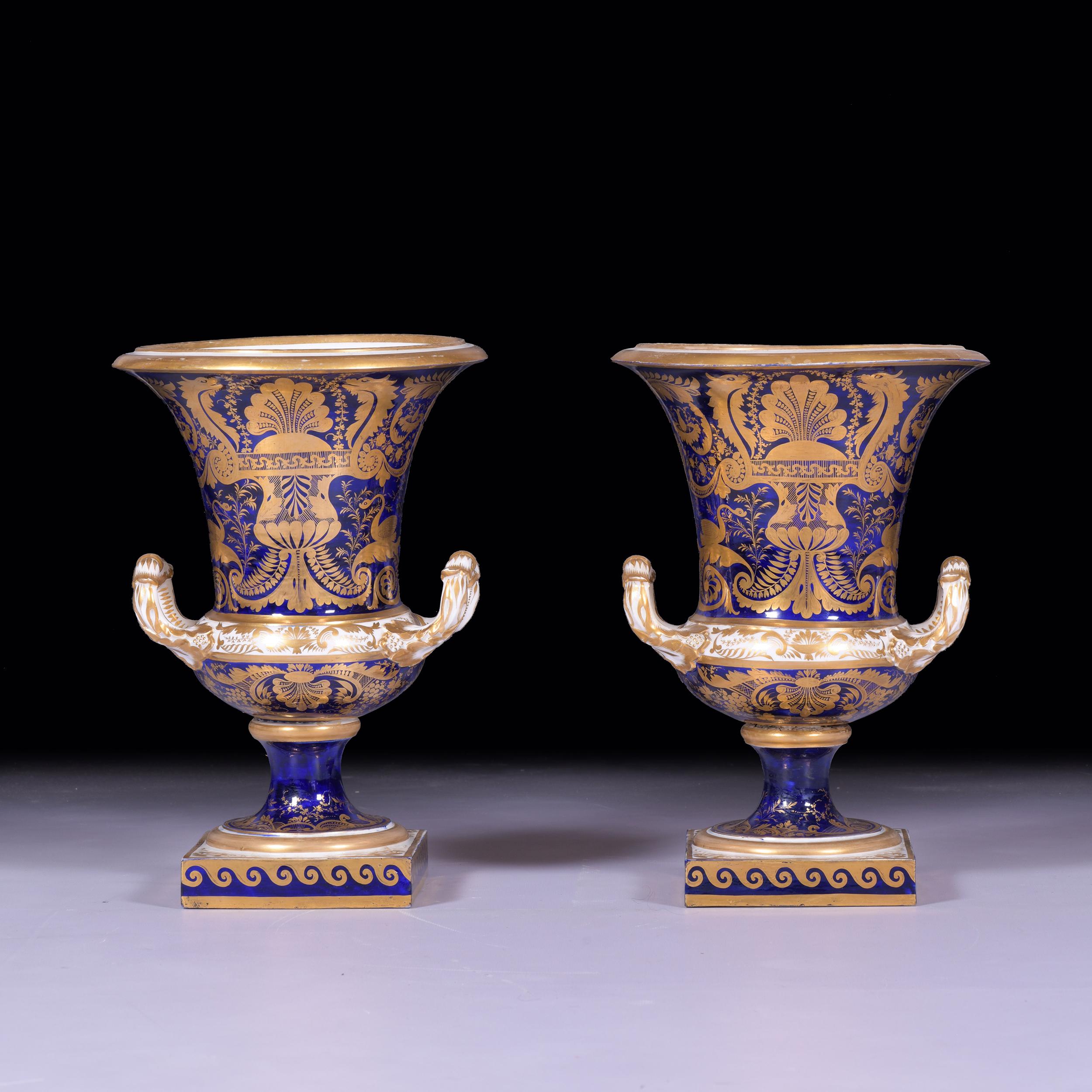 Porcelain Pair of Early 19th Century English Royal Crown Derby Cobalt Blue Campana Vases