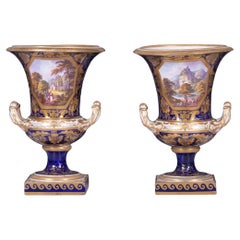 Pair of Early 19th Century English Royal Crown Derby Cobalt Blue Campana Vases