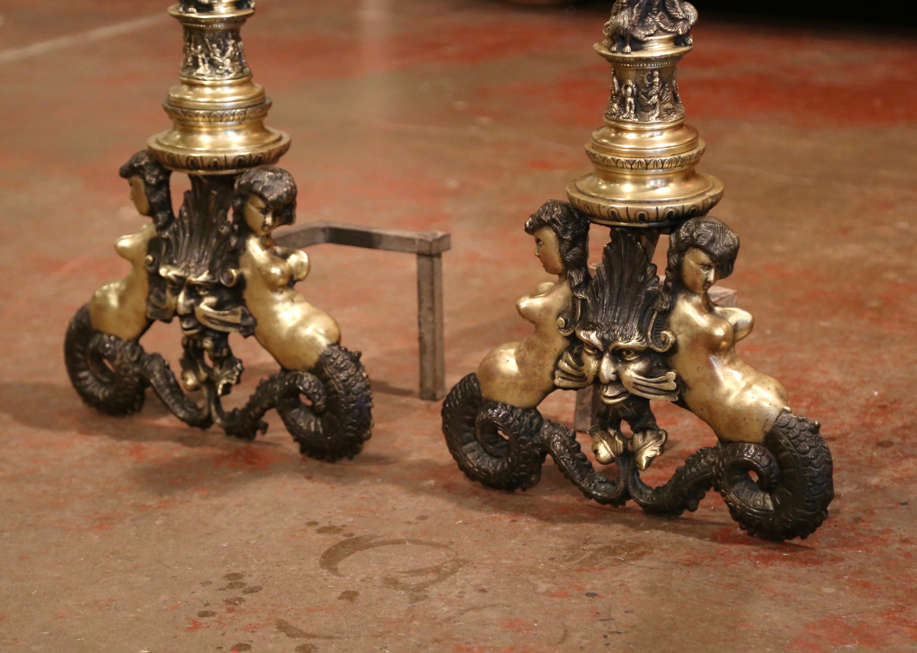 Louis XIV Pair of Early 19th Century English Two-Tone Bronze Andirons with Lion Sculptures
