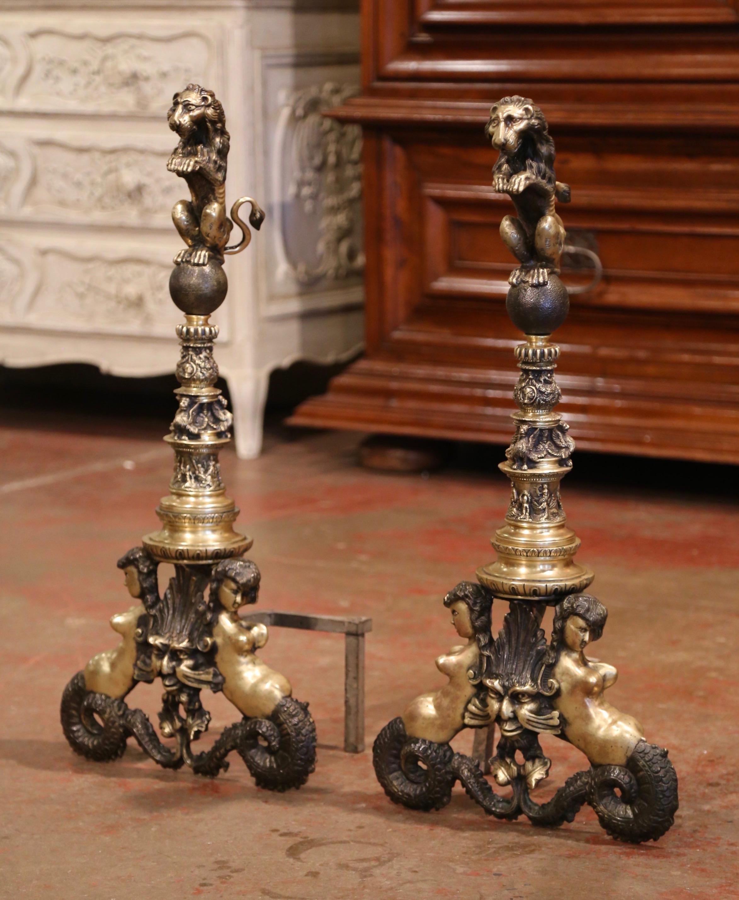 Gilt Pair of Early 19th Century English Two-Tone Bronze Andirons with Lion Sculptures