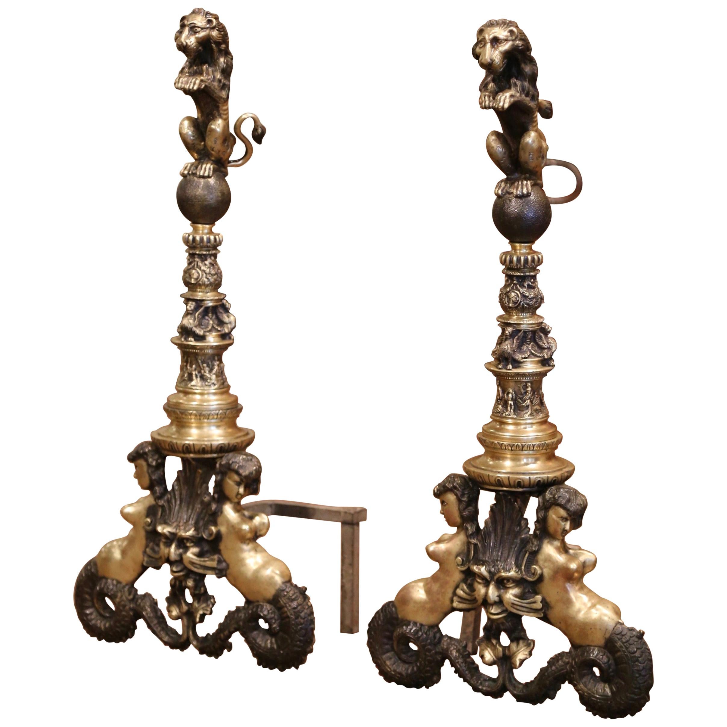 Pair of Early 19th Century English Two-Tone Bronze Andirons with Lion Sculptures