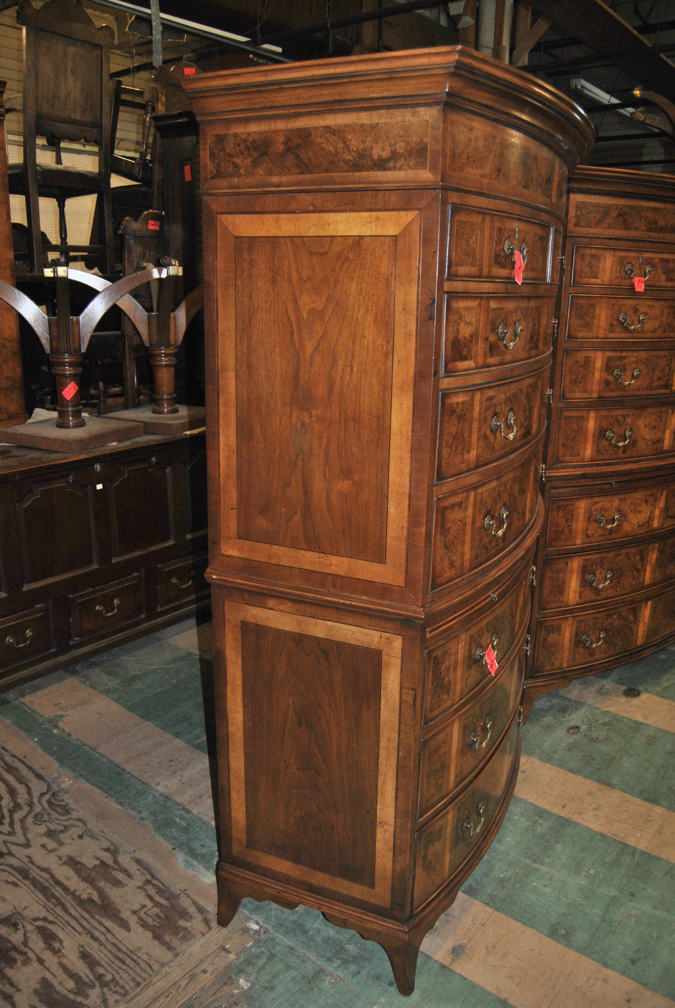 Satinwood Pair of Early 19th Century English Walnut Bow Front Chest on Chests