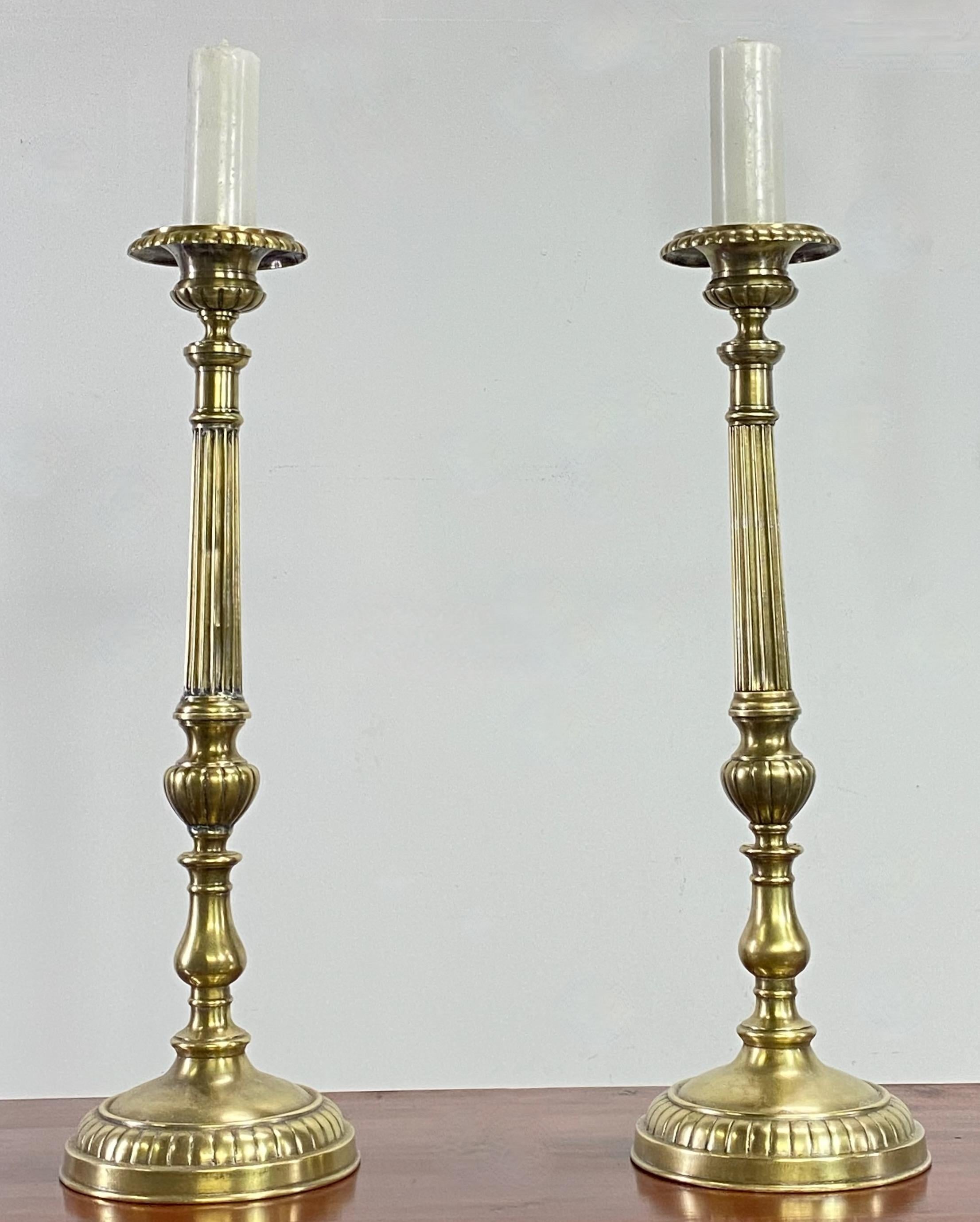 Pair of Early 19th Century European Brass Candlesticks, circa 1840 In Good Condition For Sale In San Francisco, CA