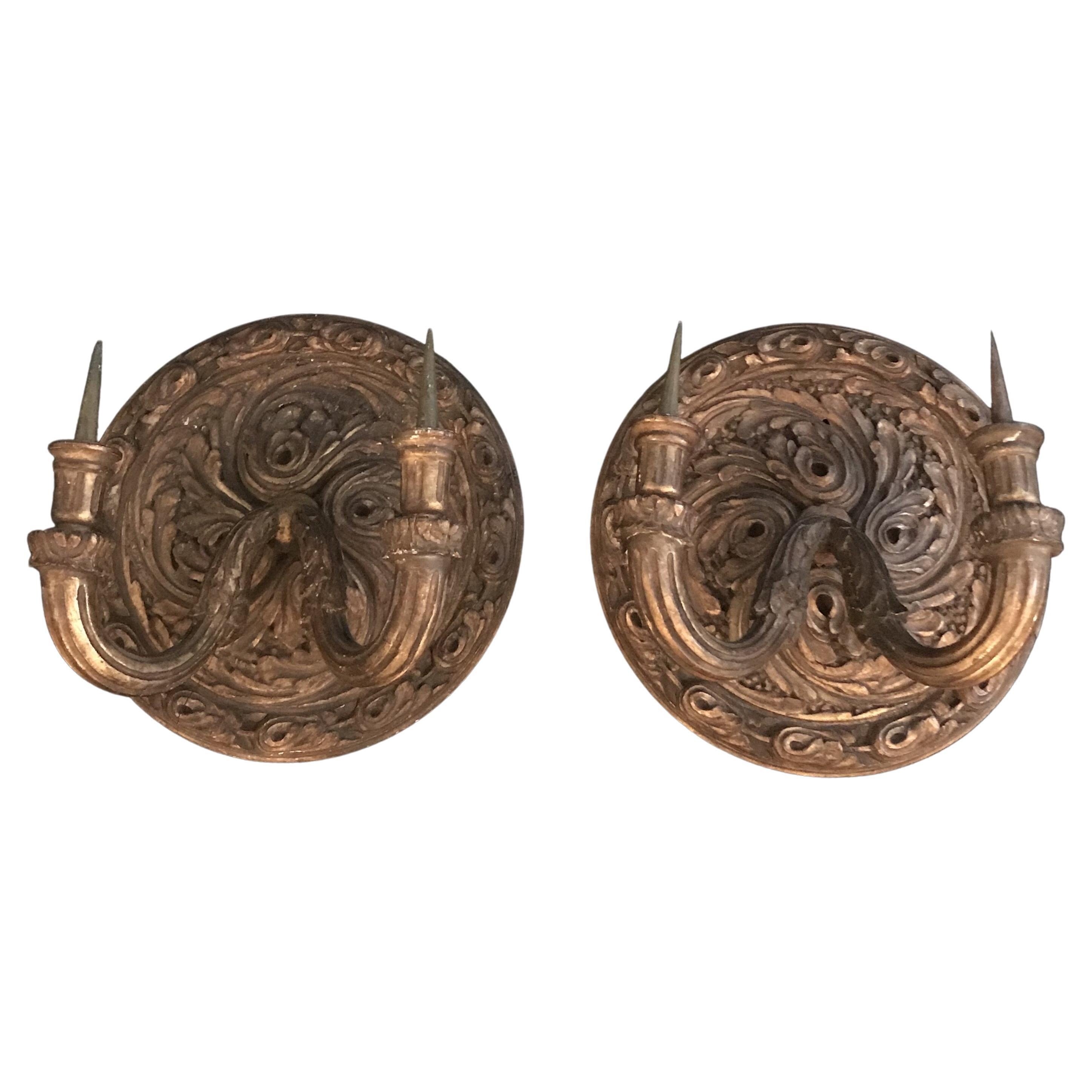 Pair of Early 19th Century French Carved Wood Gold Gilt Two-Light Wall Sc For Sale