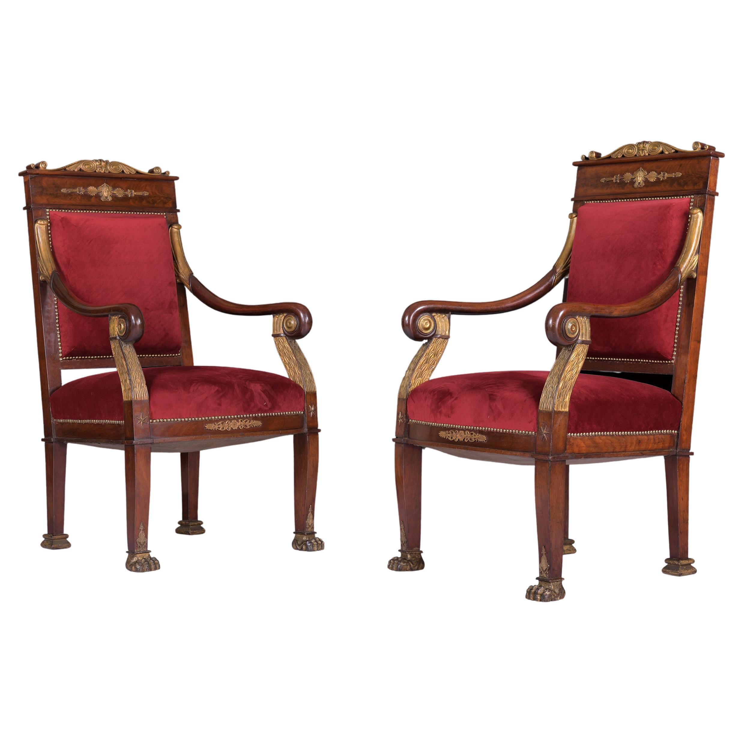 Pair Of Early 19th C French Empire Armchairs In The Manner Of Jacob-Desmalter For Sale