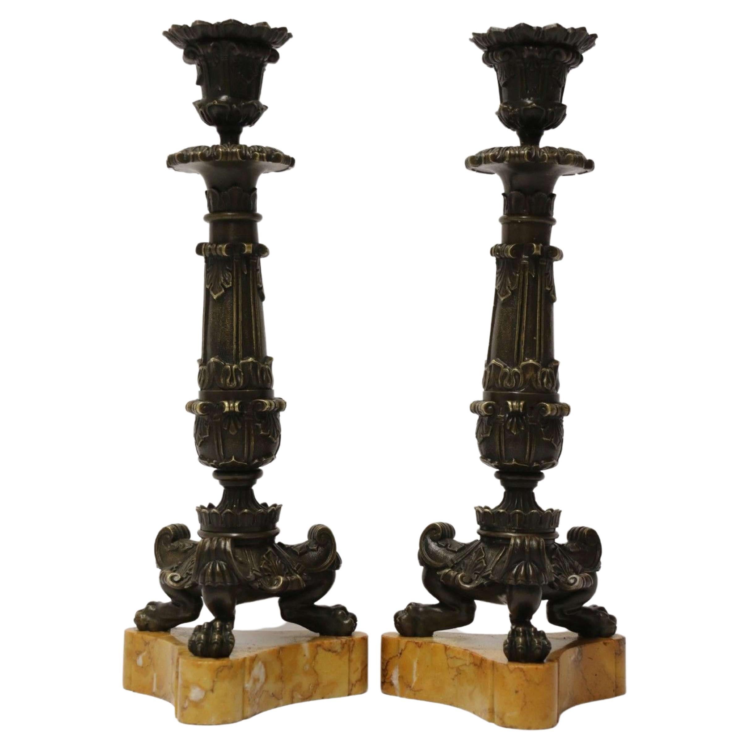 Pair of Early 19th Century French Empire Bronze Candlesticks, circa 1830 For Sale