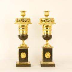 Pair of Early 19th Century French Empire Gilt and Patinated Bronze Cassolettes