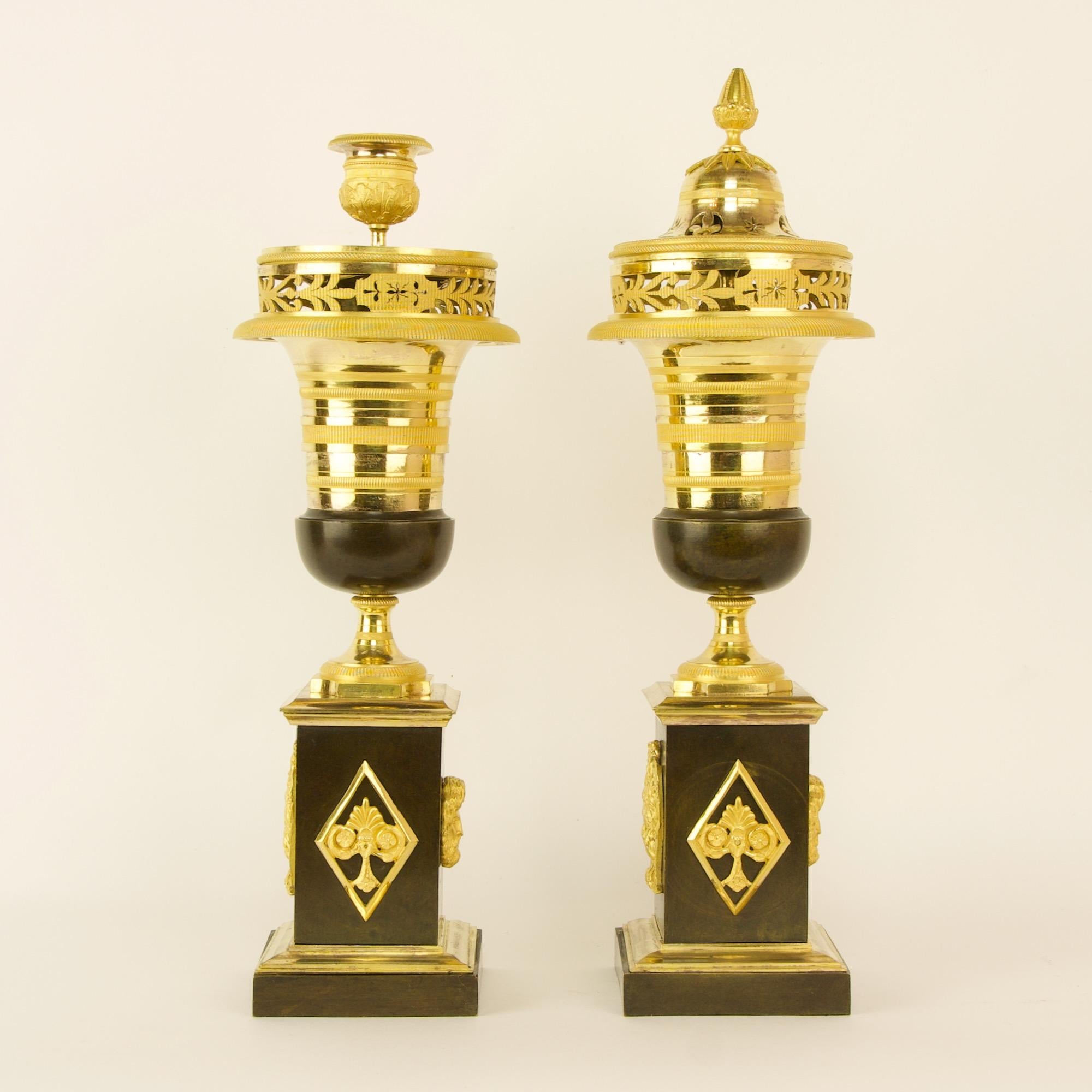 Pair of Early 19th Century French Empire Gilt and Patinated Bronze Cassolettes 2