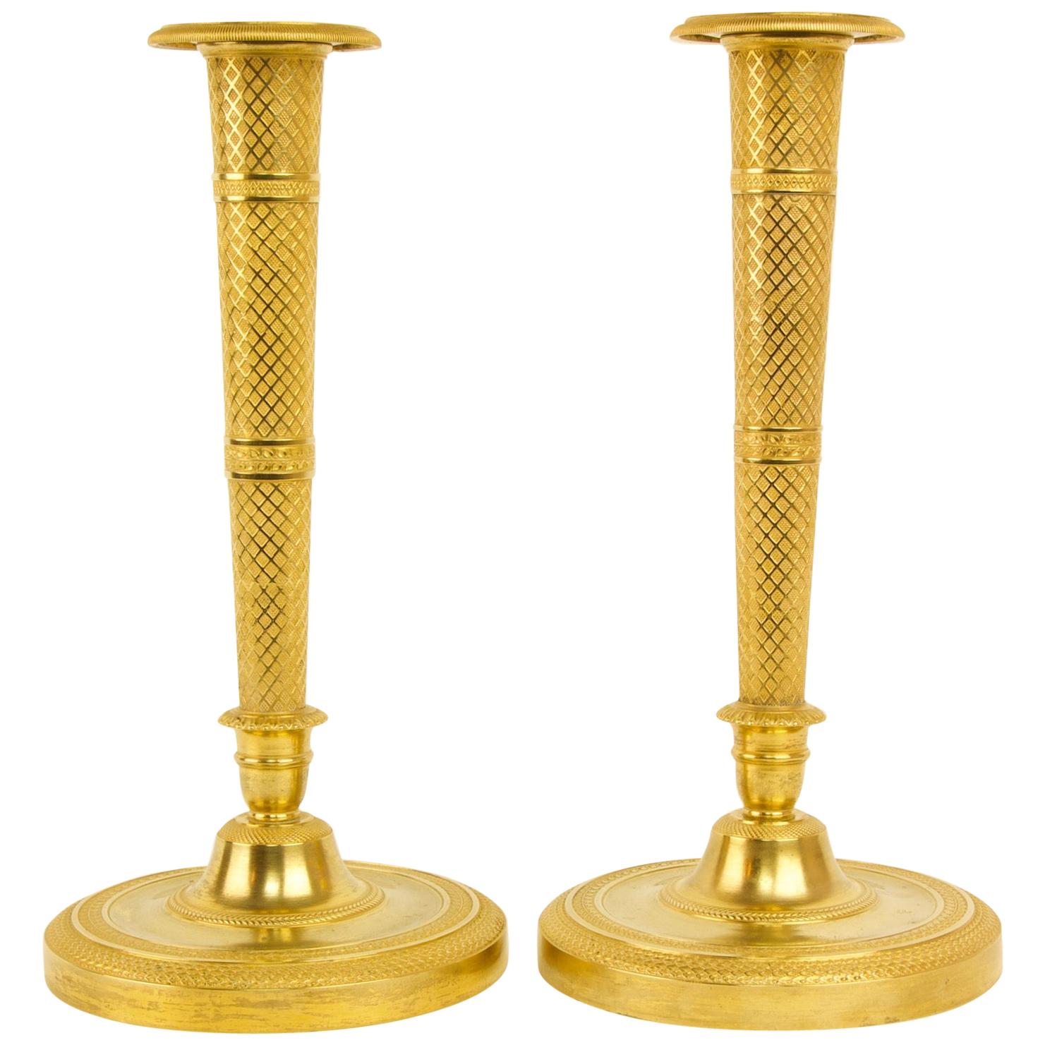Pair of Early 19th Century French Empire Gilt Bronze Candlesticks after C. Galle For Sale