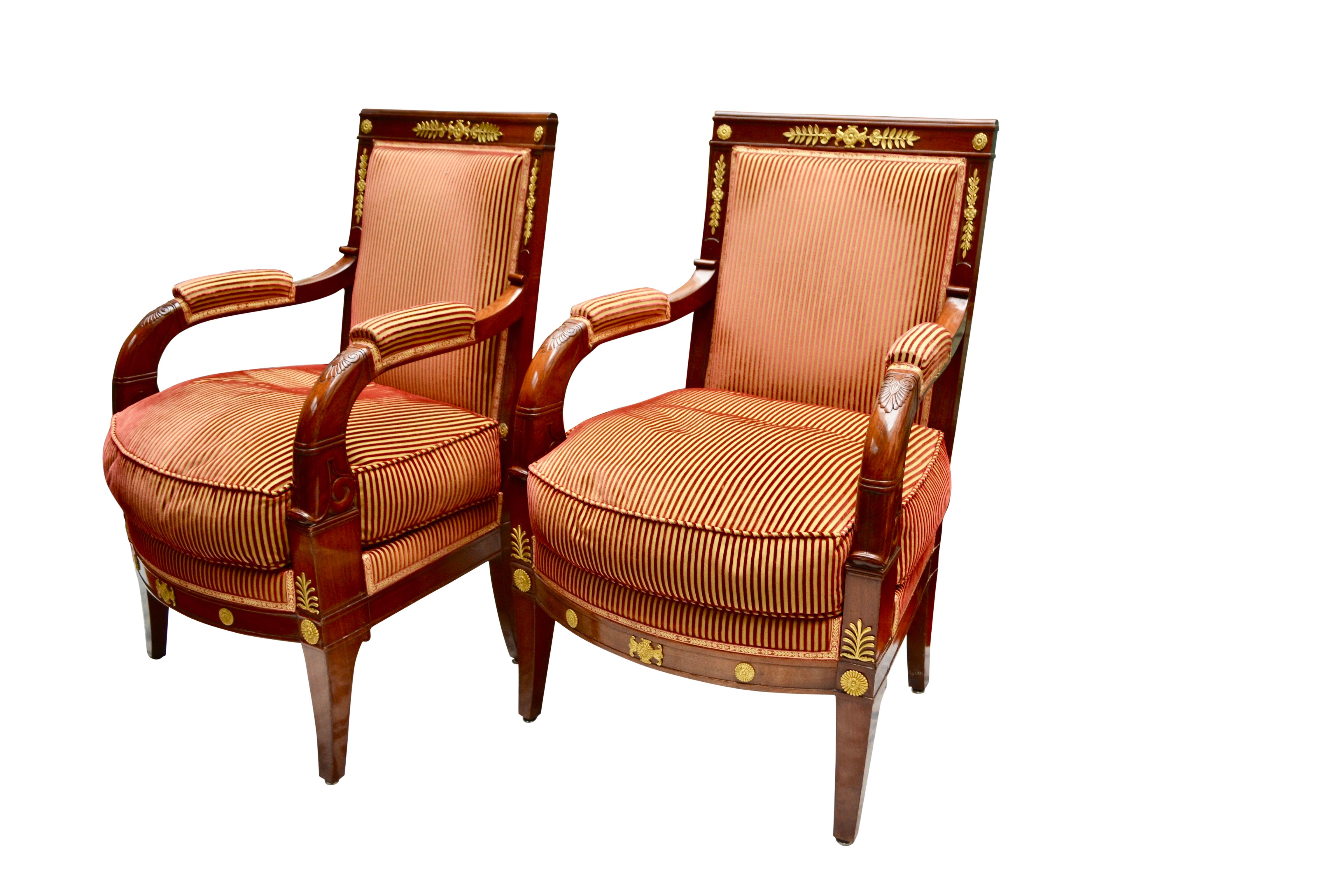 Gilt Pair of Early 19th Century French Empire Mahogany Armchairs called 