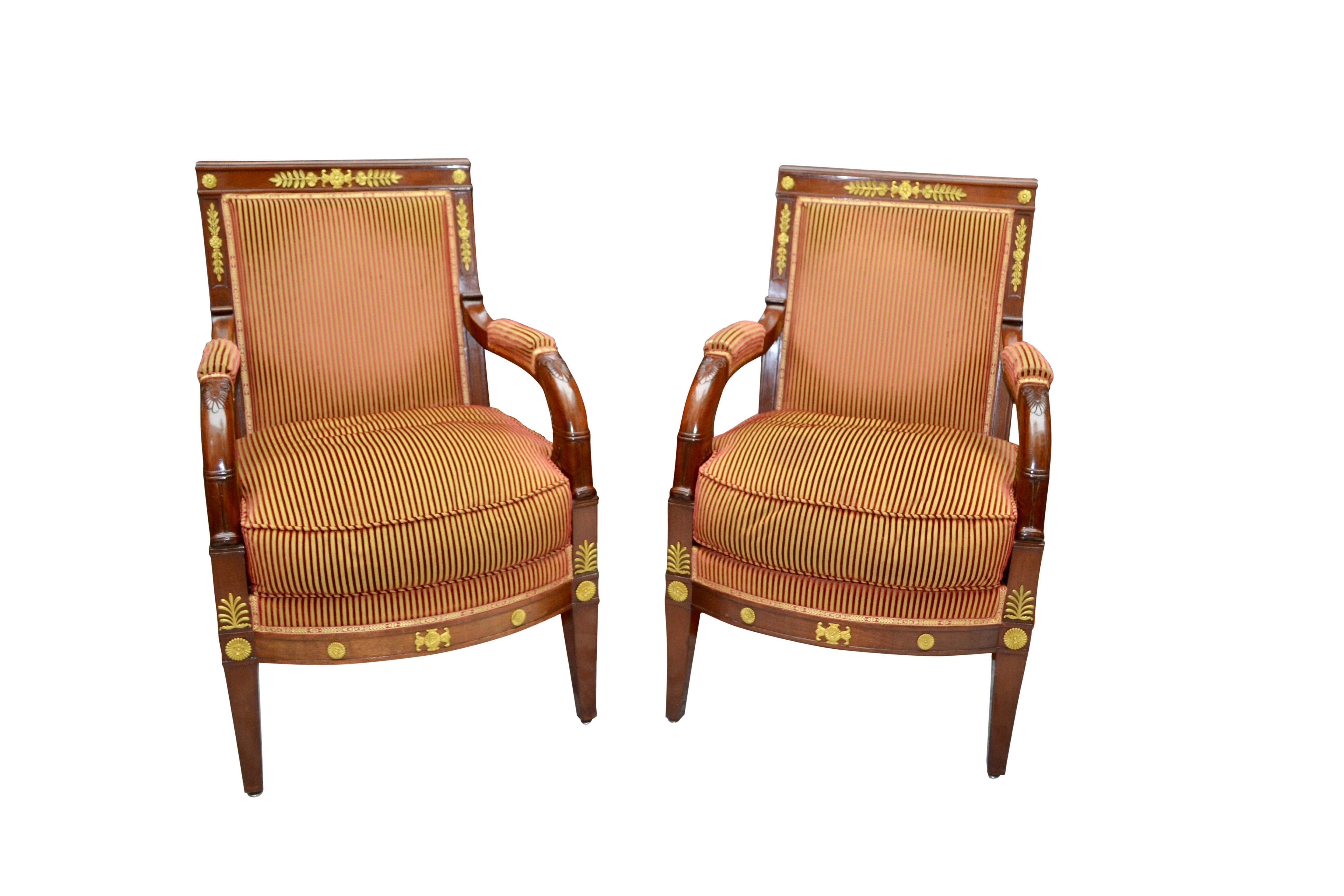 Bronze Pair of Early 19th Century French Empire Mahogany Armchairs called 