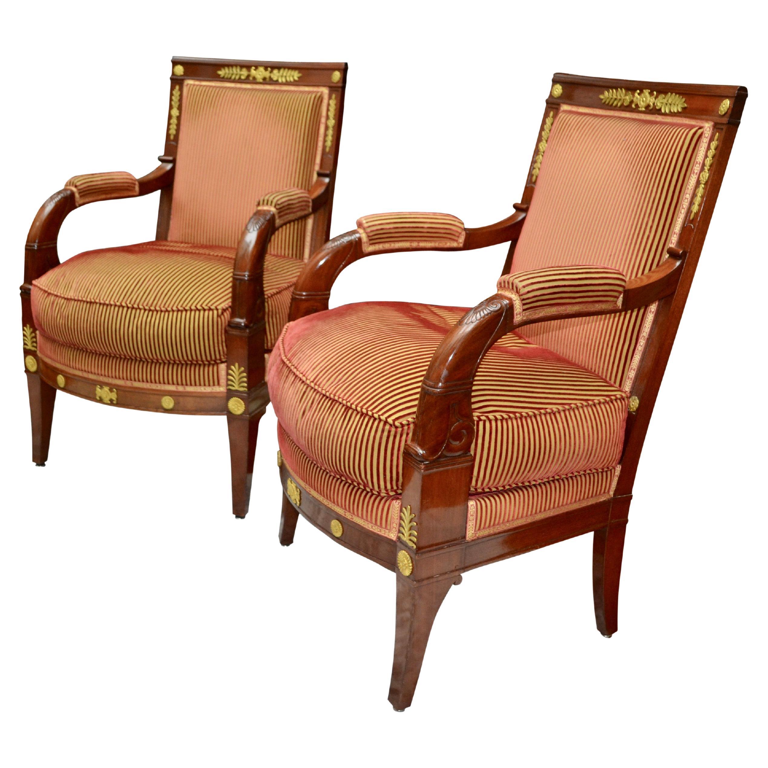 Pair of Early 19th Century French Empire Mahogany Armchairs "A La Reine"