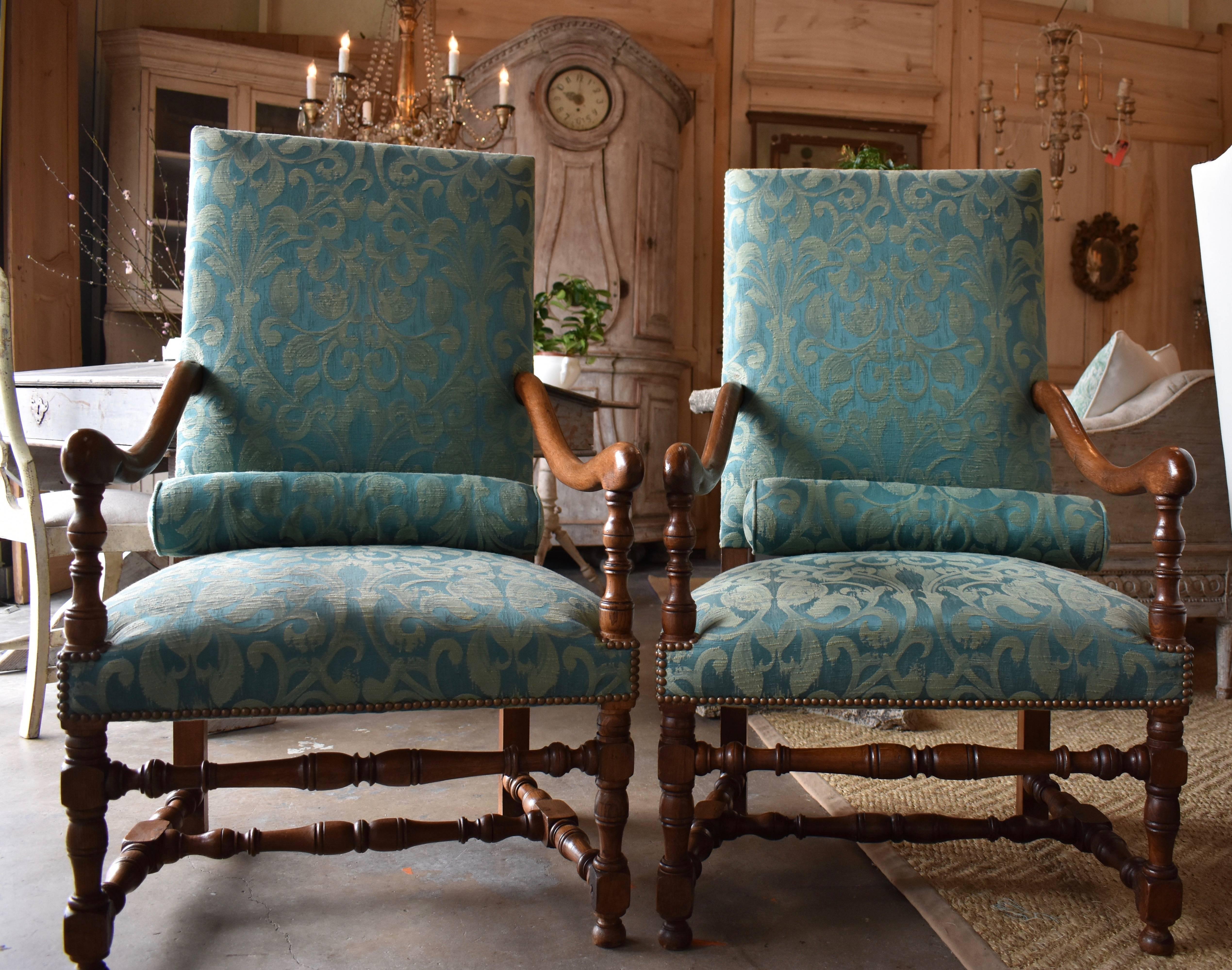 Pair of early 19th century Louis XIV style French fauteuil. Very nice old patina.