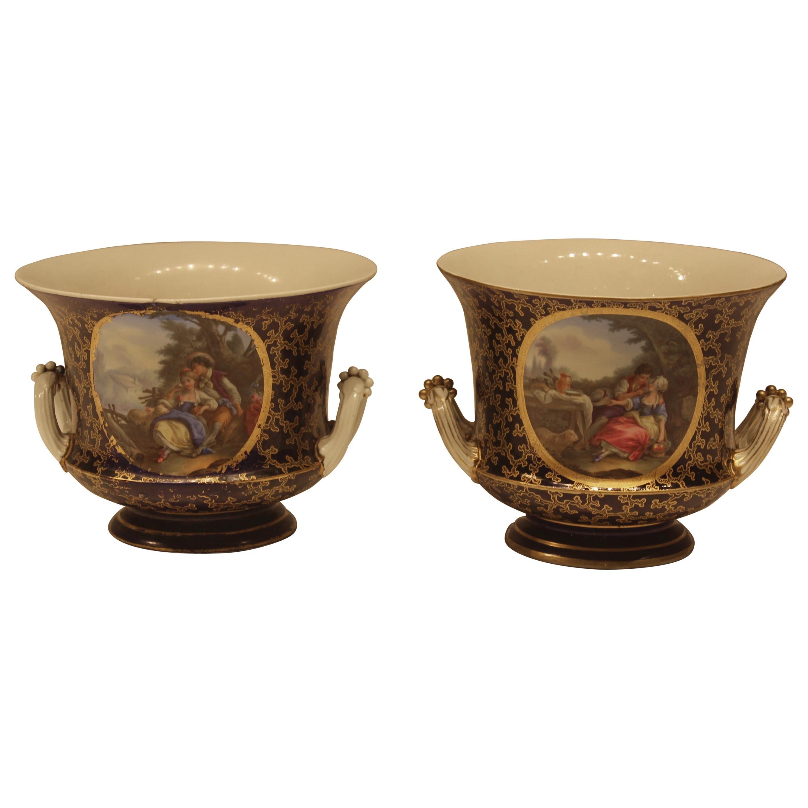 Pair of early 19th Century French Hand Painted Serves Cache Pot For Sale