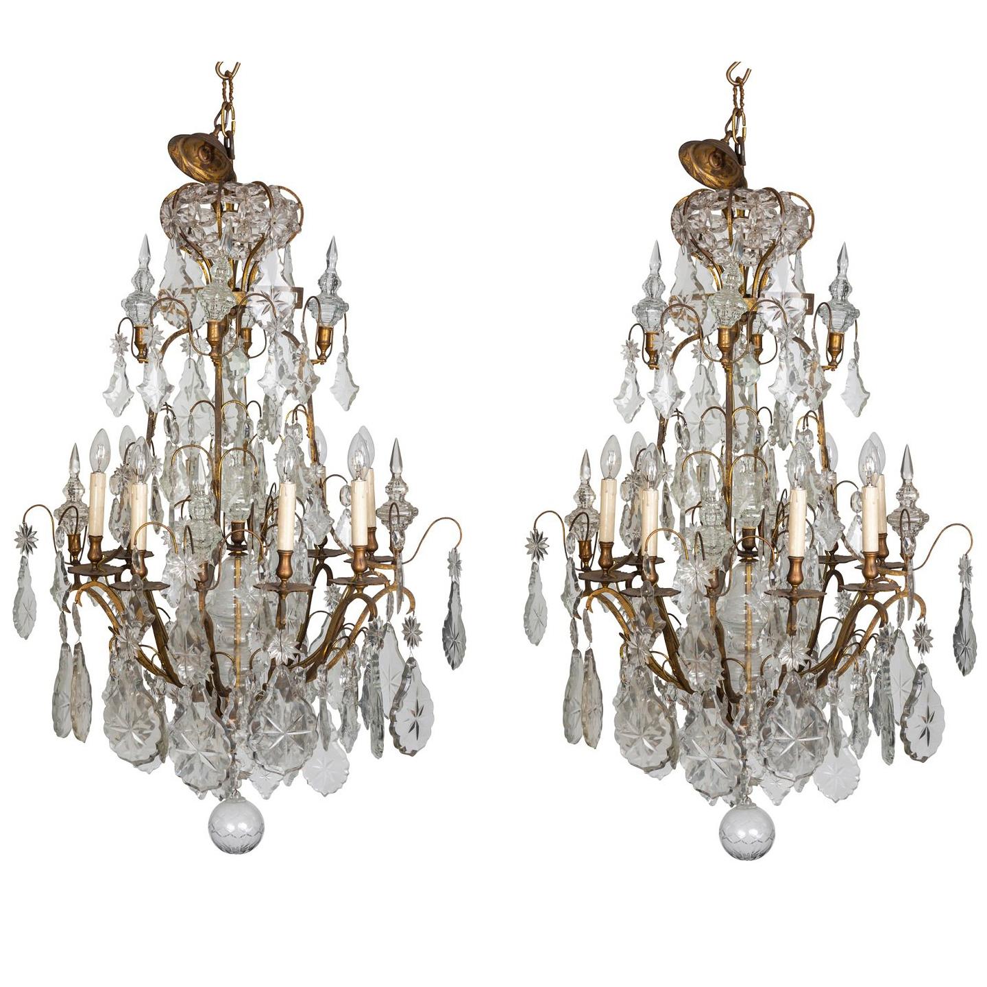 A Pair of Early 19th Century French Louis XV Style Crystal & Ormolu Chandeliers For Sale