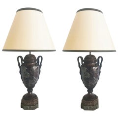 Antique Pair of Early 19th Century French Marble and Bronze Lamps