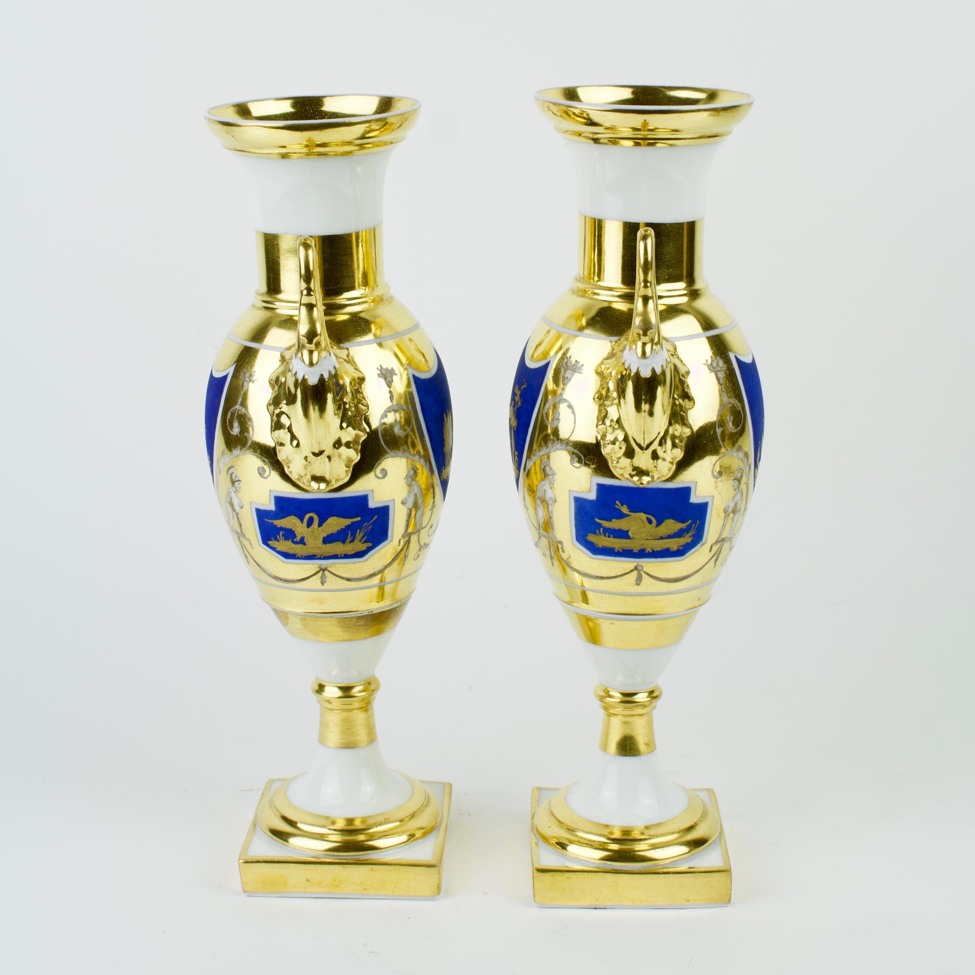 Empire Pair of Early 19th Century French/Paris Gilt and Painted Porcelain Amphora Vases