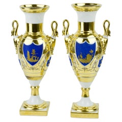 Pair of Early 19th Century French/Paris Gilt and Painted Porcelain Amphora Vases