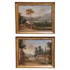 Pair of Early 19th Century French Pendant Landscape Oil on Canvas Paintings