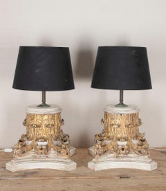 Pair of Early 19th Century French Period Carved Giltwood Capital Table Lamps