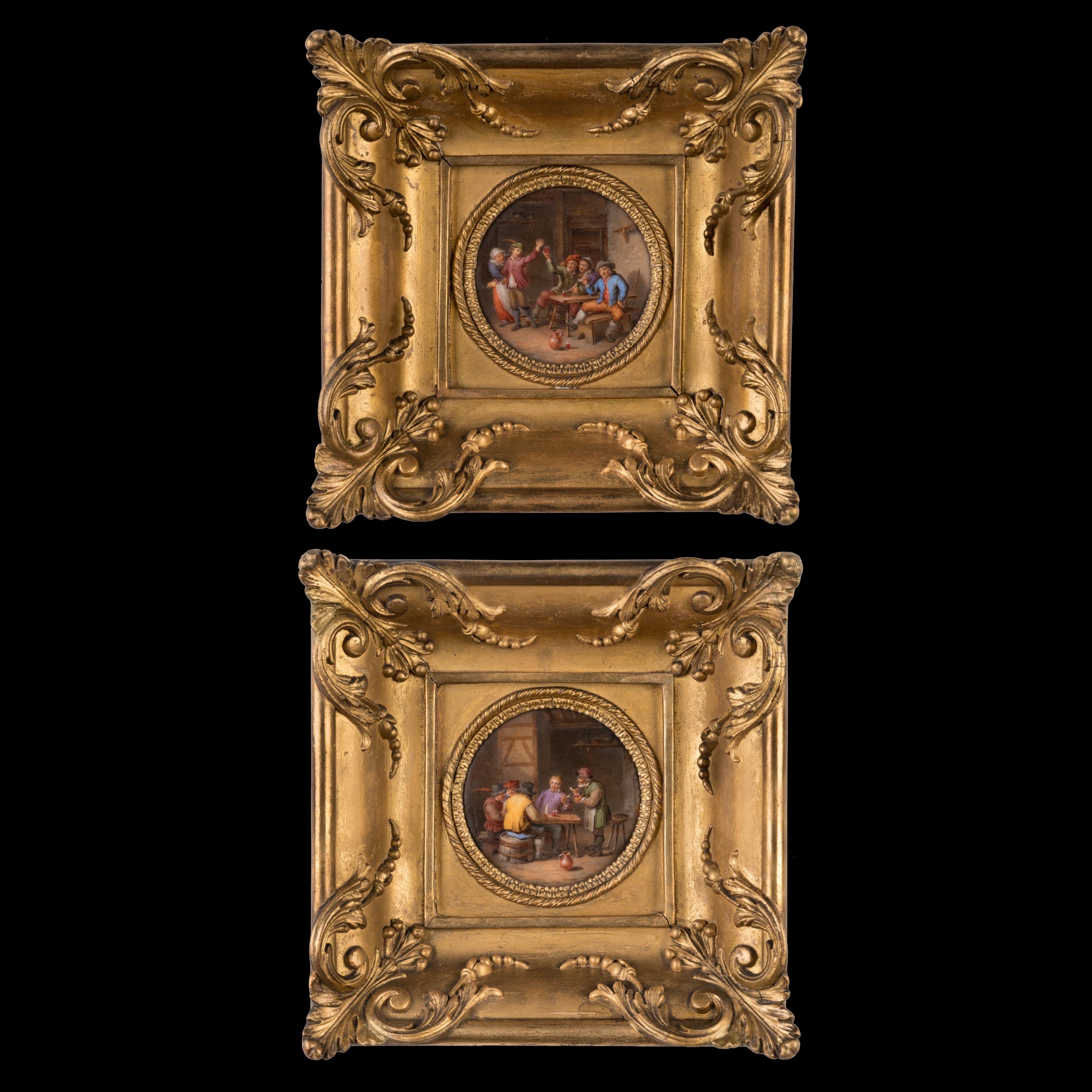 Paire de plaques circulaires en porcelaine encadrées
D'après David Teniers Attribué à Jean-Pierre Feuillet

Attribué à Jean-Pierre Feuillet (1777-1840)

Les plaques circulaires peintes à la main, émaillées et cuites, représentant des scènes de