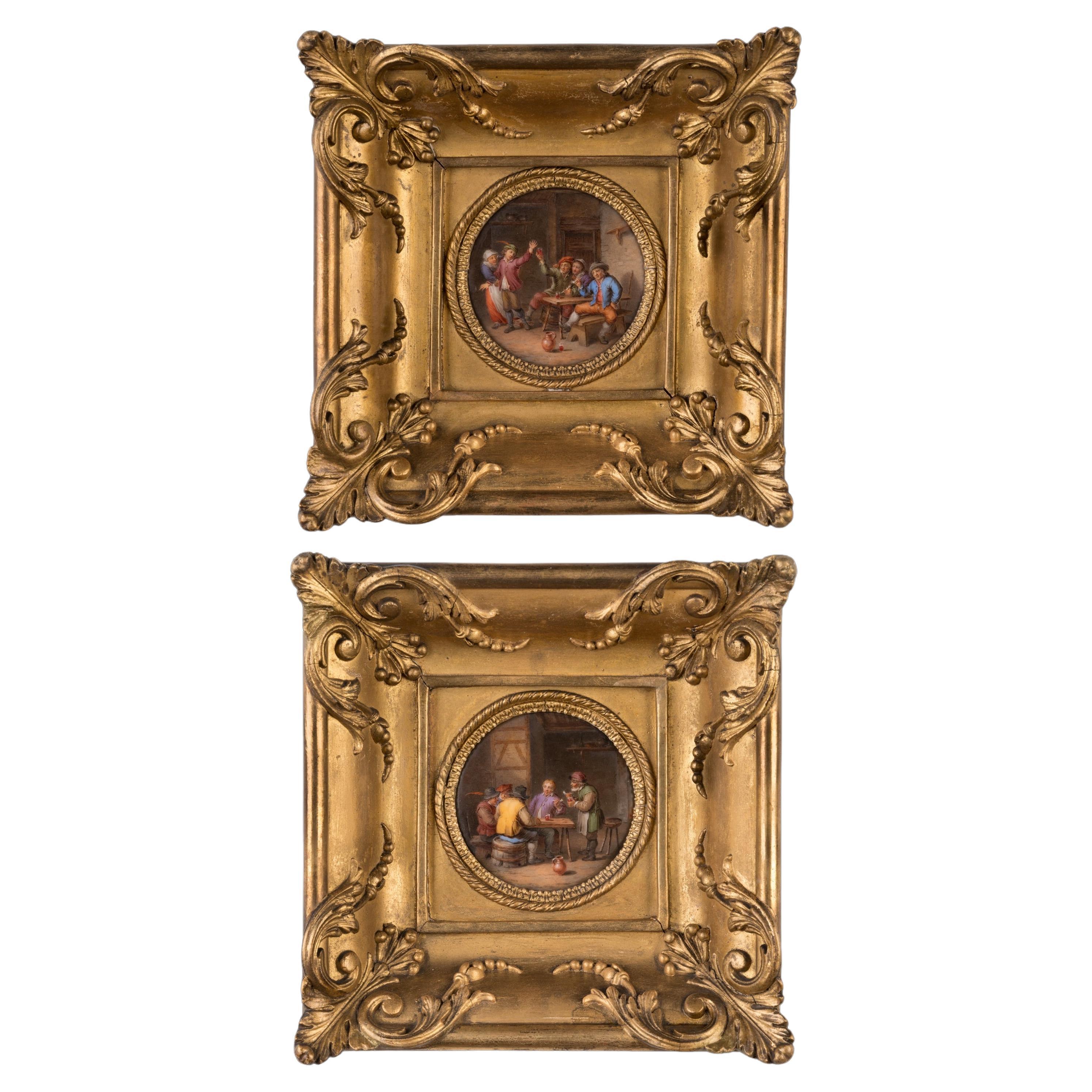 Pareja de placas de porcelana francesa de principios del siglo XIX con escenas de taberna
