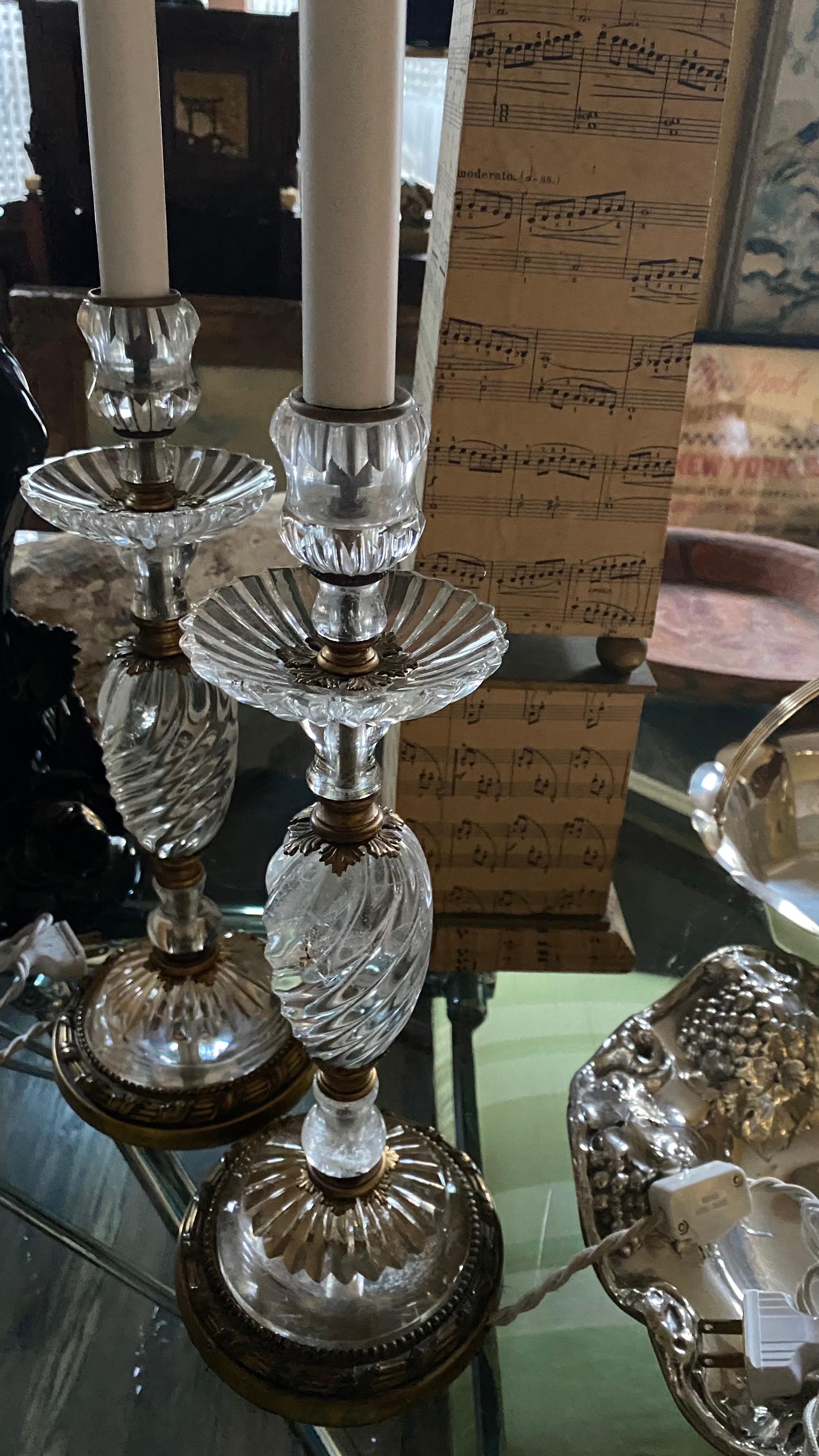 Pair of Early 19th Century French Rock Crystal Candle Stick Boudoir Lamps For Sale 8