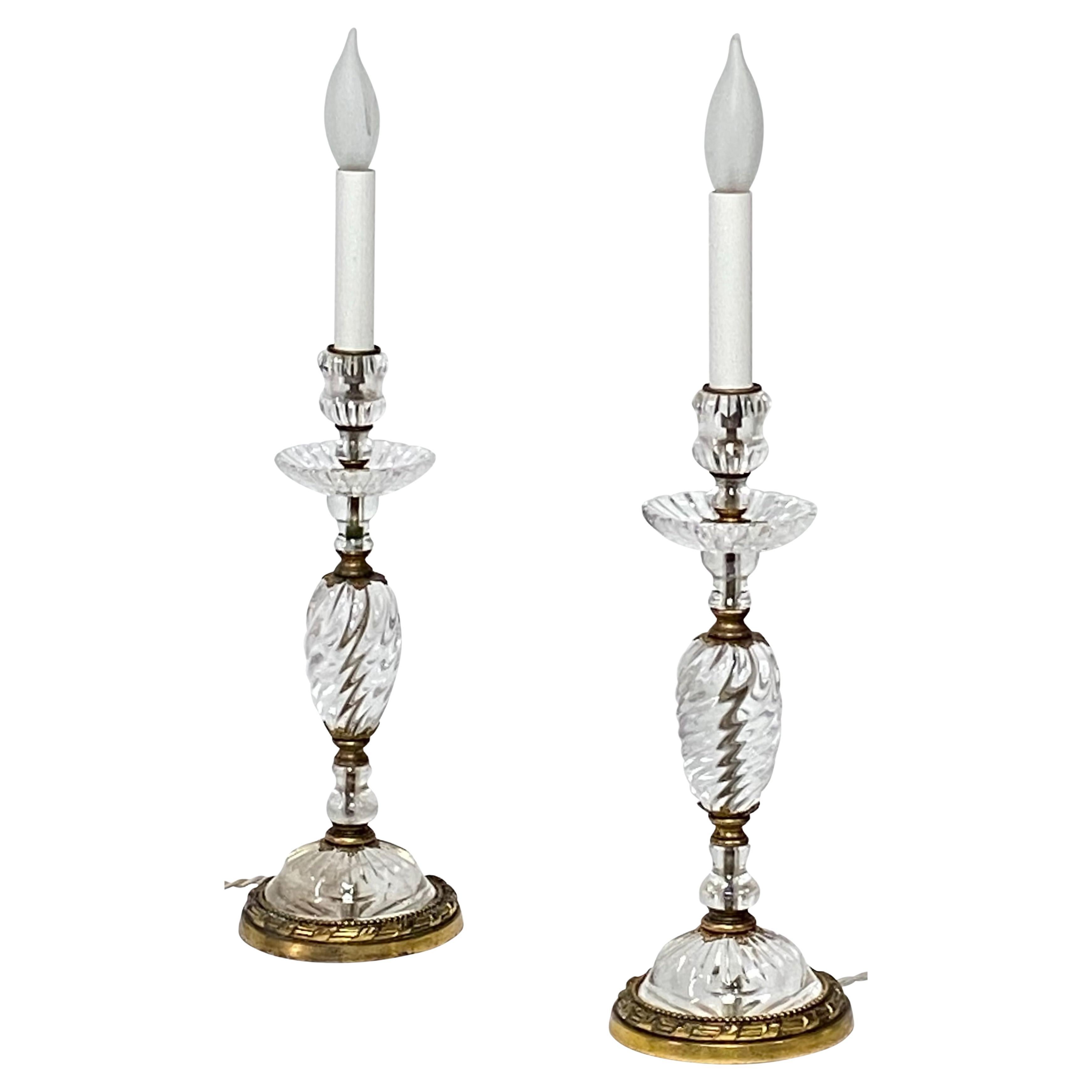 Pair of Early 19th Century French Rock Crystal Candle Stick Boudoir Lamps For Sale