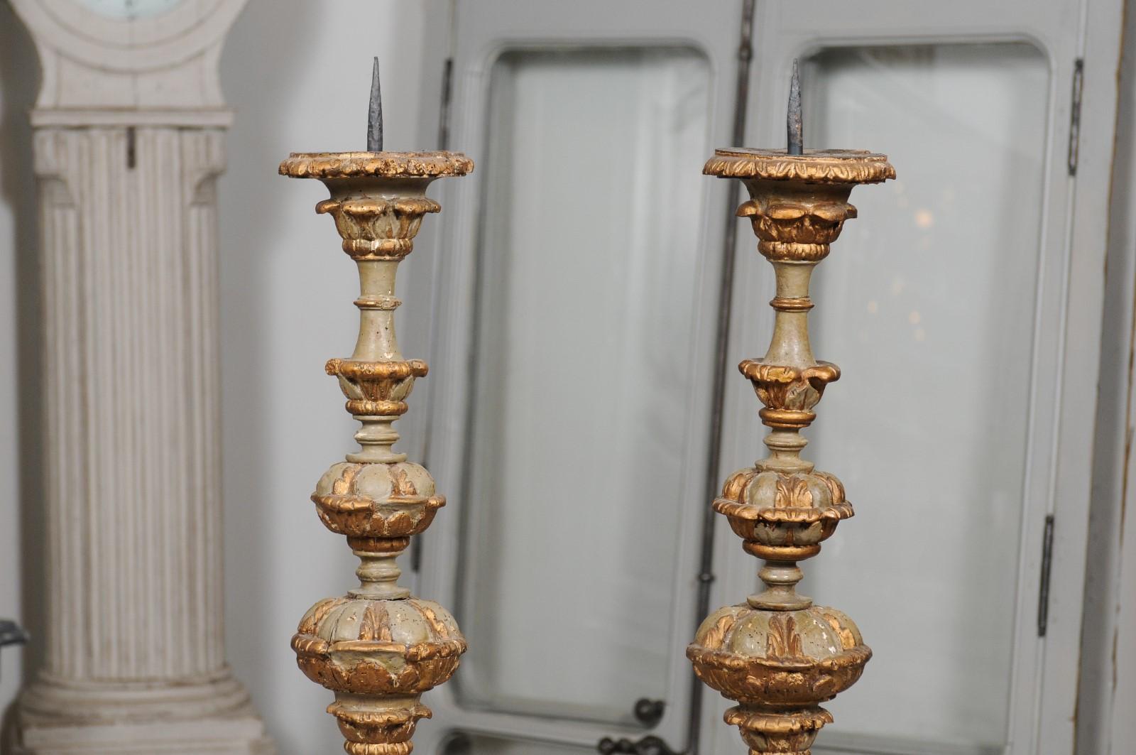 Pair of Early 19th Century French Rococo Style Carved and Painted Candlesticks 5