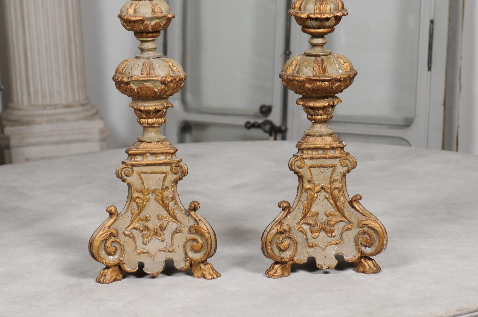 Pair of Early 19th Century French Rococo Style Carved and Painted Candlesticks 6