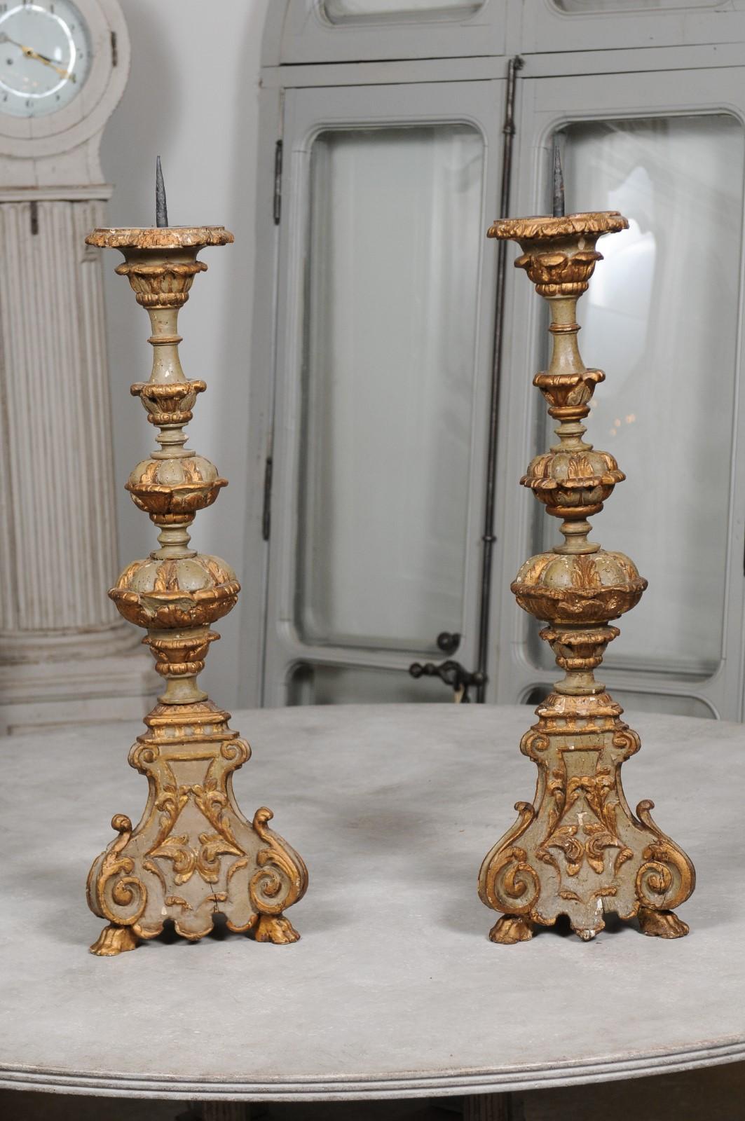 Pair of Early 19th Century French Rococo Style Carved and Painted Candlesticks In Good Condition In Atlanta, GA