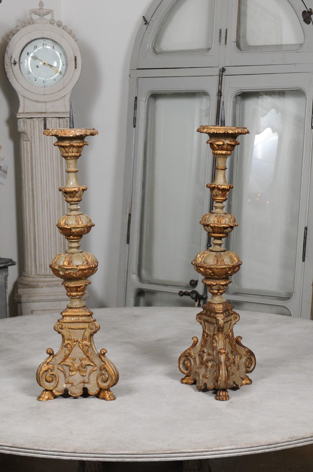 Wood Pair of Early 19th Century French Rococo Style Carved and Painted Candlesticks
