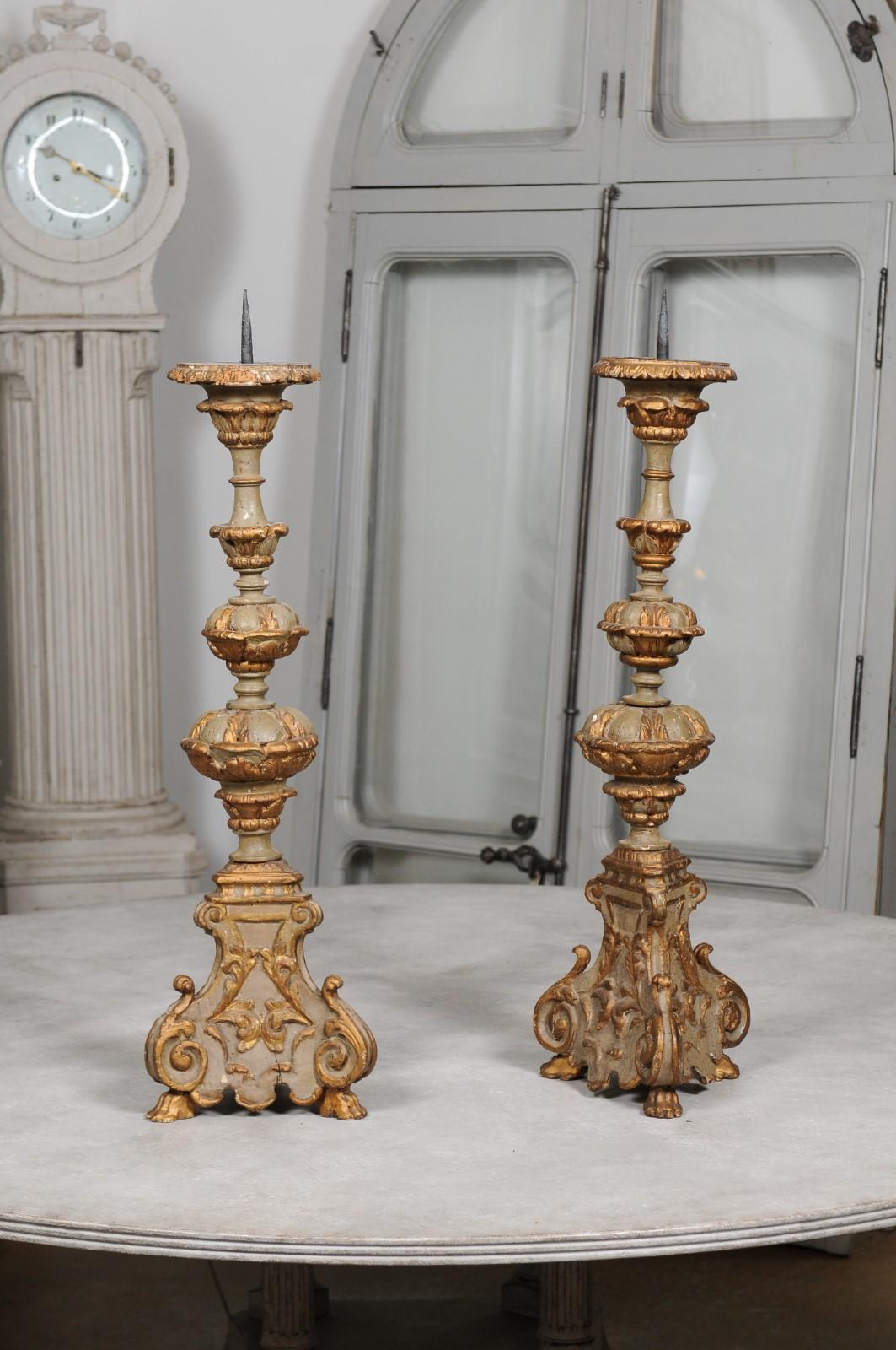 Pair of Early 19th Century French Rococo Style Carved and Painted Candlesticks 1