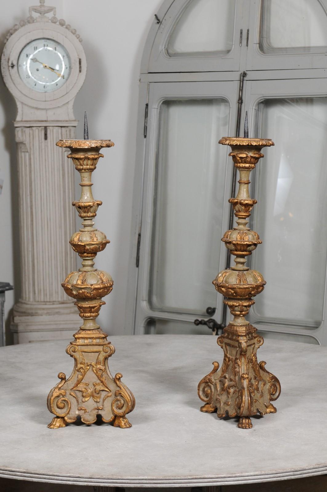 Pair of Early 19th Century French Rococo Style Carved and Painted Candlesticks 2