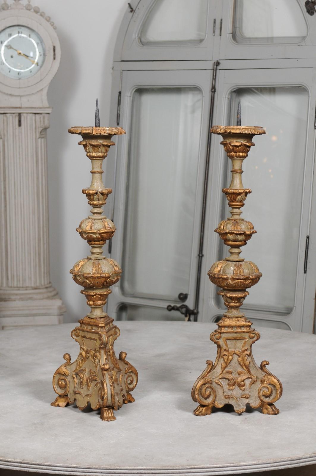 Pair of Early 19th Century French Rococo Style Carved and Painted Candlesticks 3