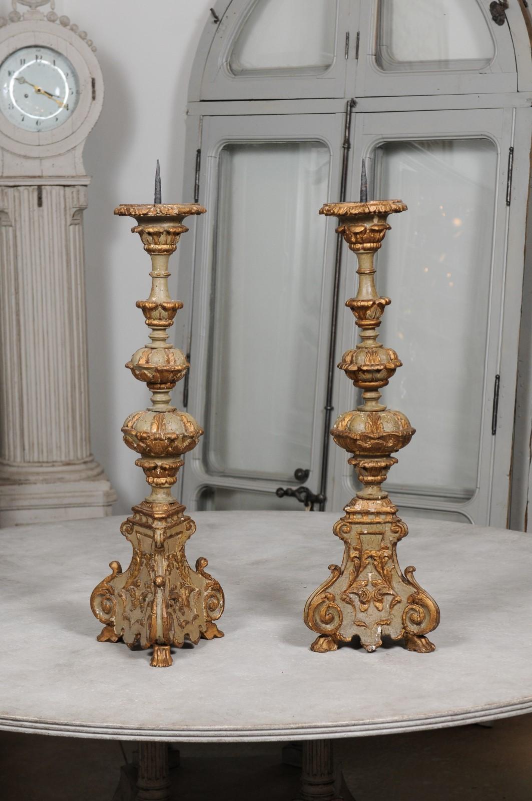 Pair of Early 19th Century French Rococo Style Carved and Painted Candlesticks 4