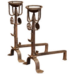 Pair of Early 19th Century French Wrought Iron Andirons with Fleur de Lys