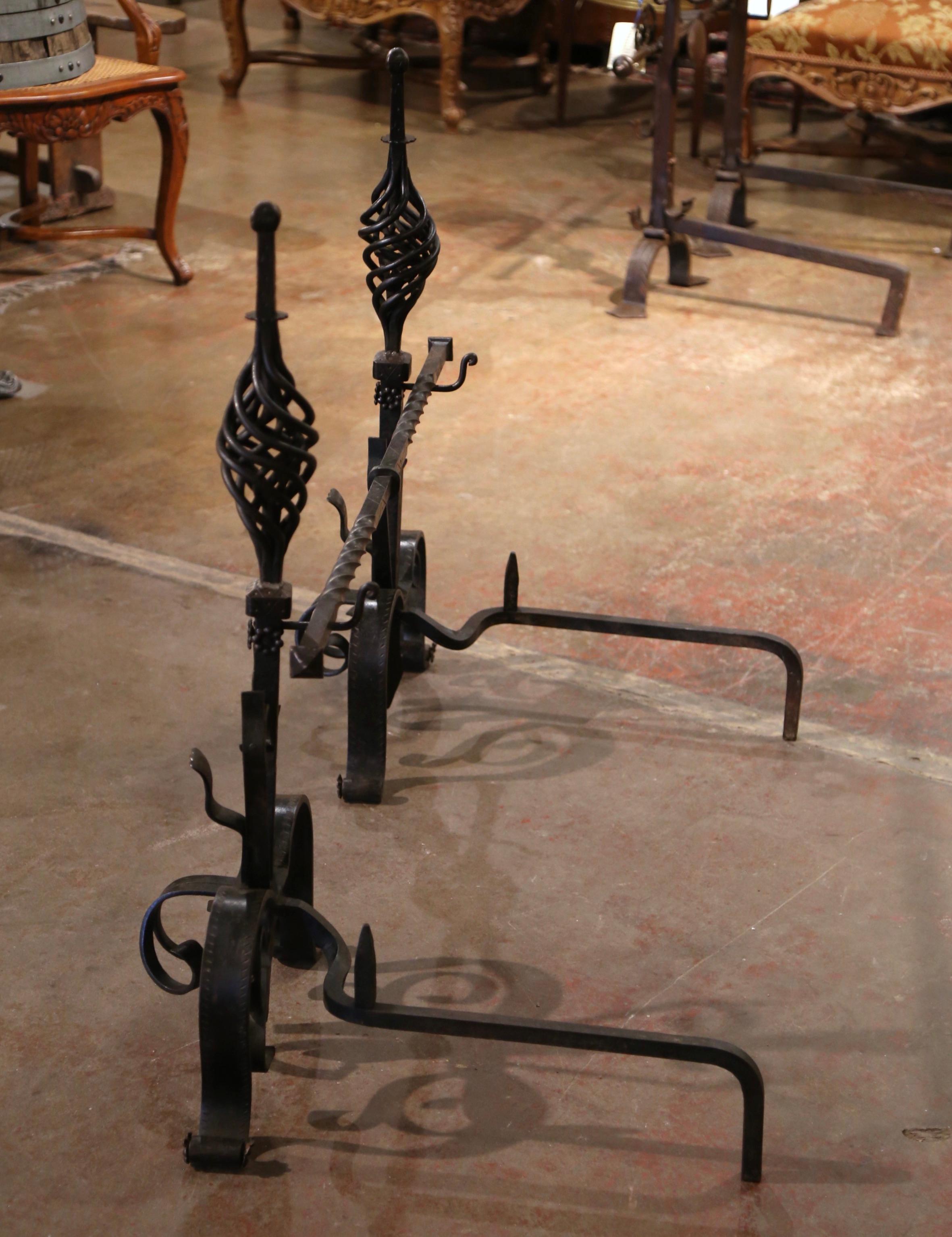 Pair of Early 19th Century French Wrought Iron Andirons with matching Cross Bar For Sale 5