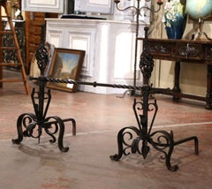 Pair of Early 19th Century French Wrought Iron Andirons with matching Cross Bar