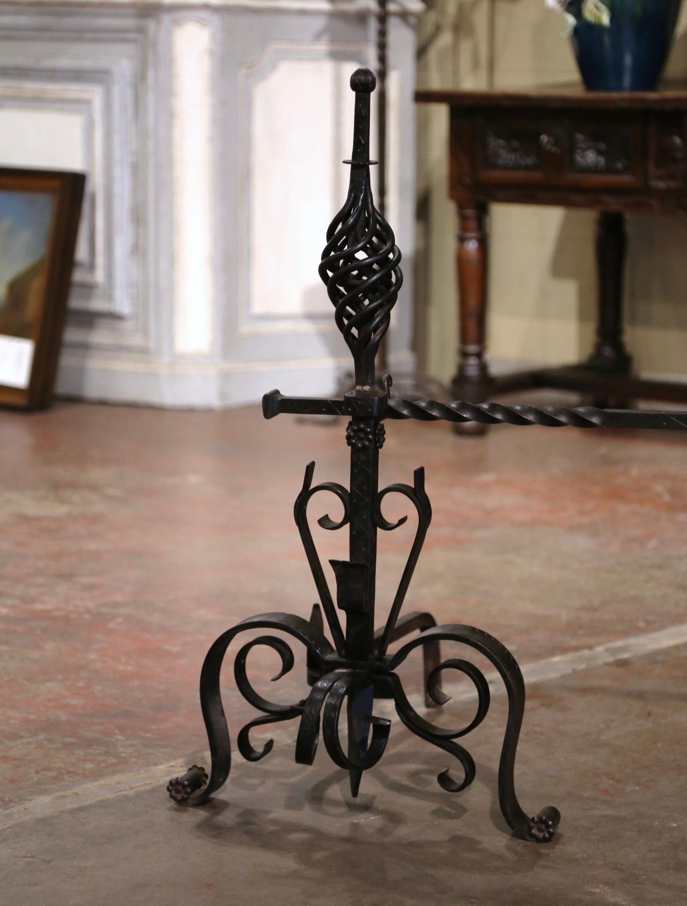 Forged Pair of Early 19th Century French Wrought Iron Andirons with matching Cross Bar For Sale