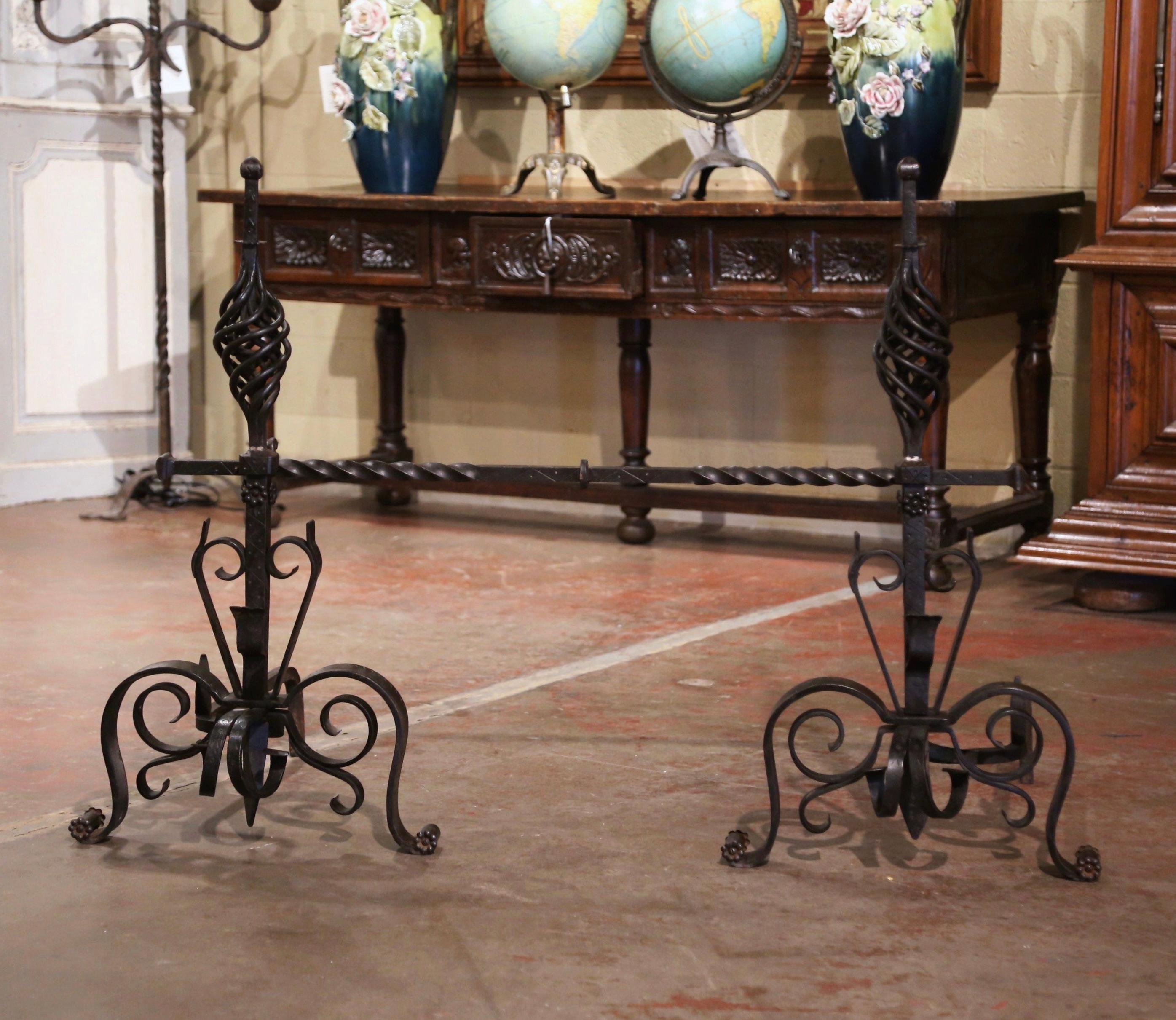 18th Century Pair of Early 19th Century French Wrought Iron Andirons with matching Cross Bar For Sale