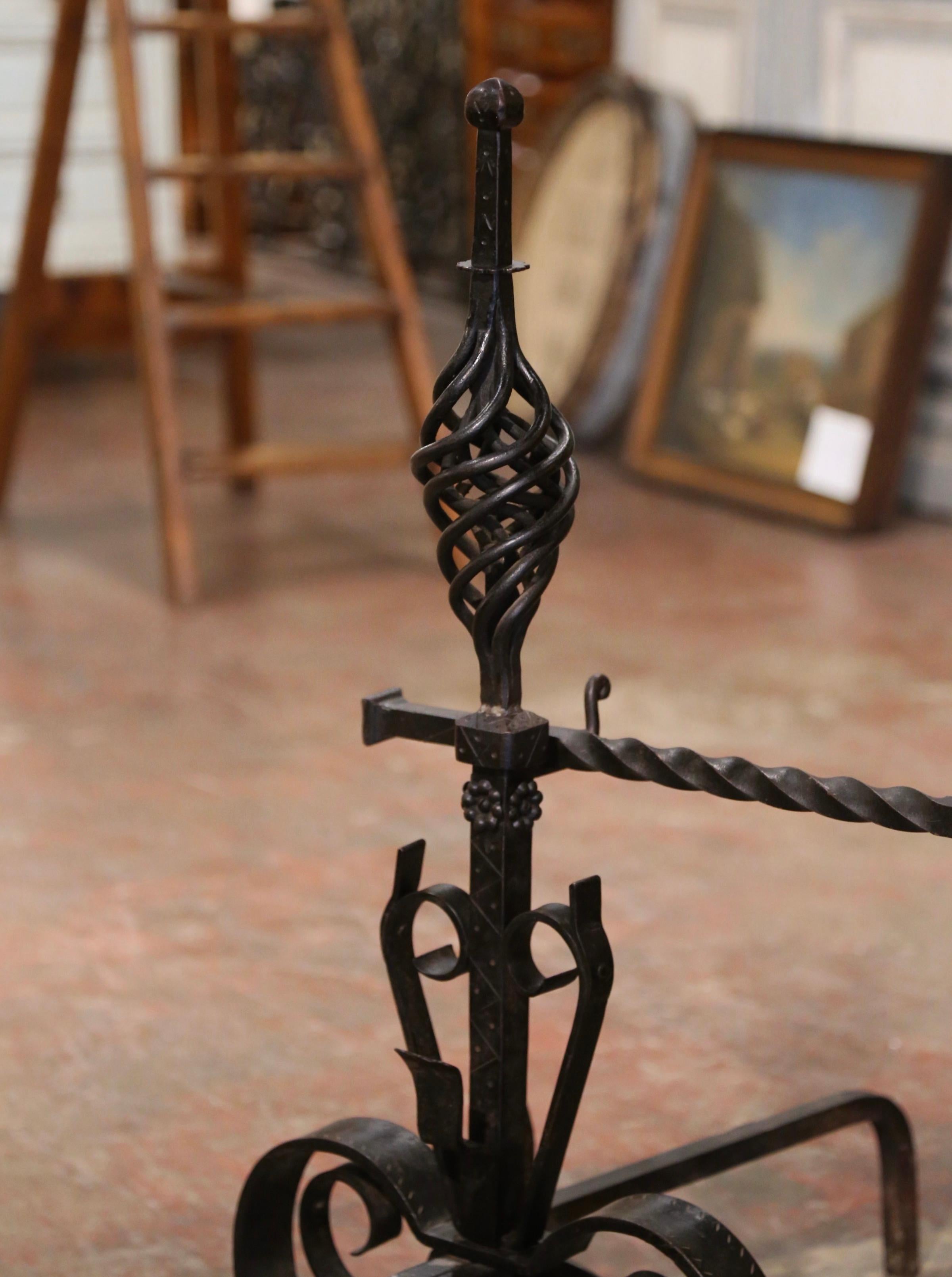 Pair of Early 19th Century French Wrought Iron Andirons with matching Cross Bar For Sale 1