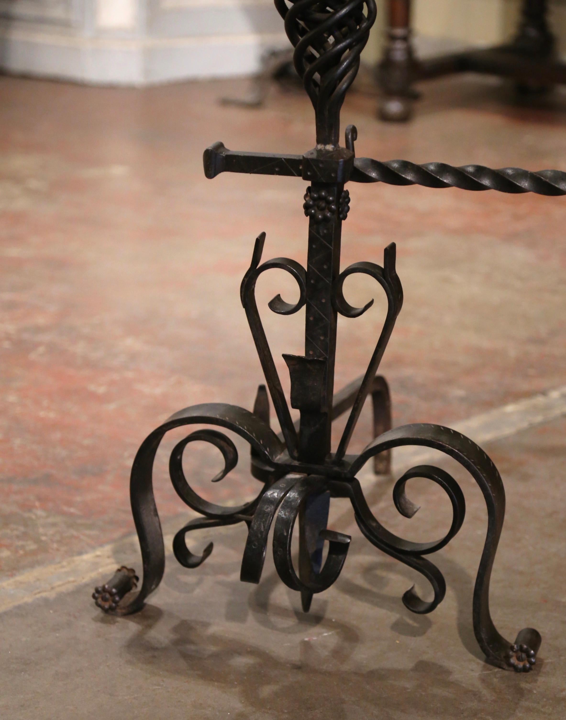 Pair of Early 19th Century French Wrought Iron Andirons with matching Cross Bar For Sale 2