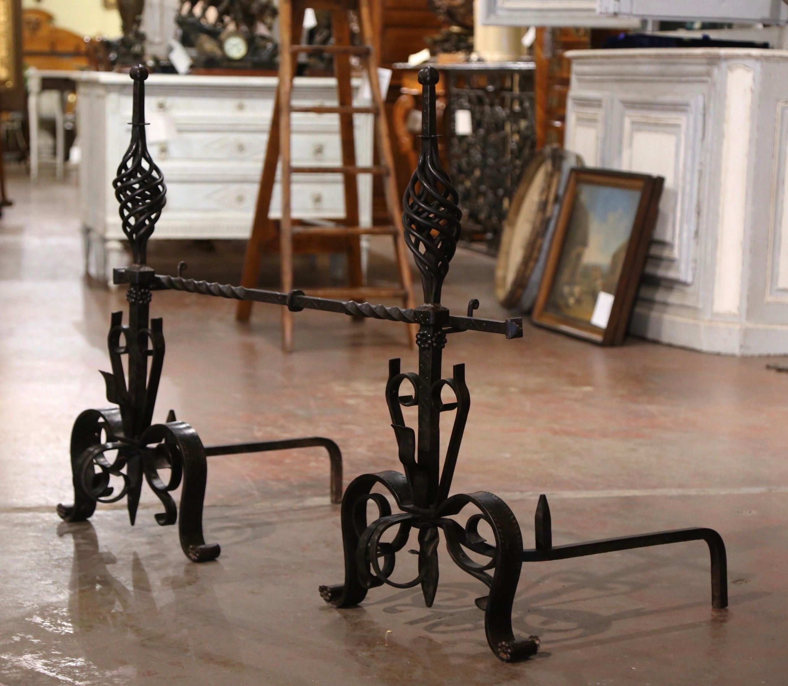 Pair of Early 19th Century French Wrought Iron Andirons with matching Cross Bar For Sale 3