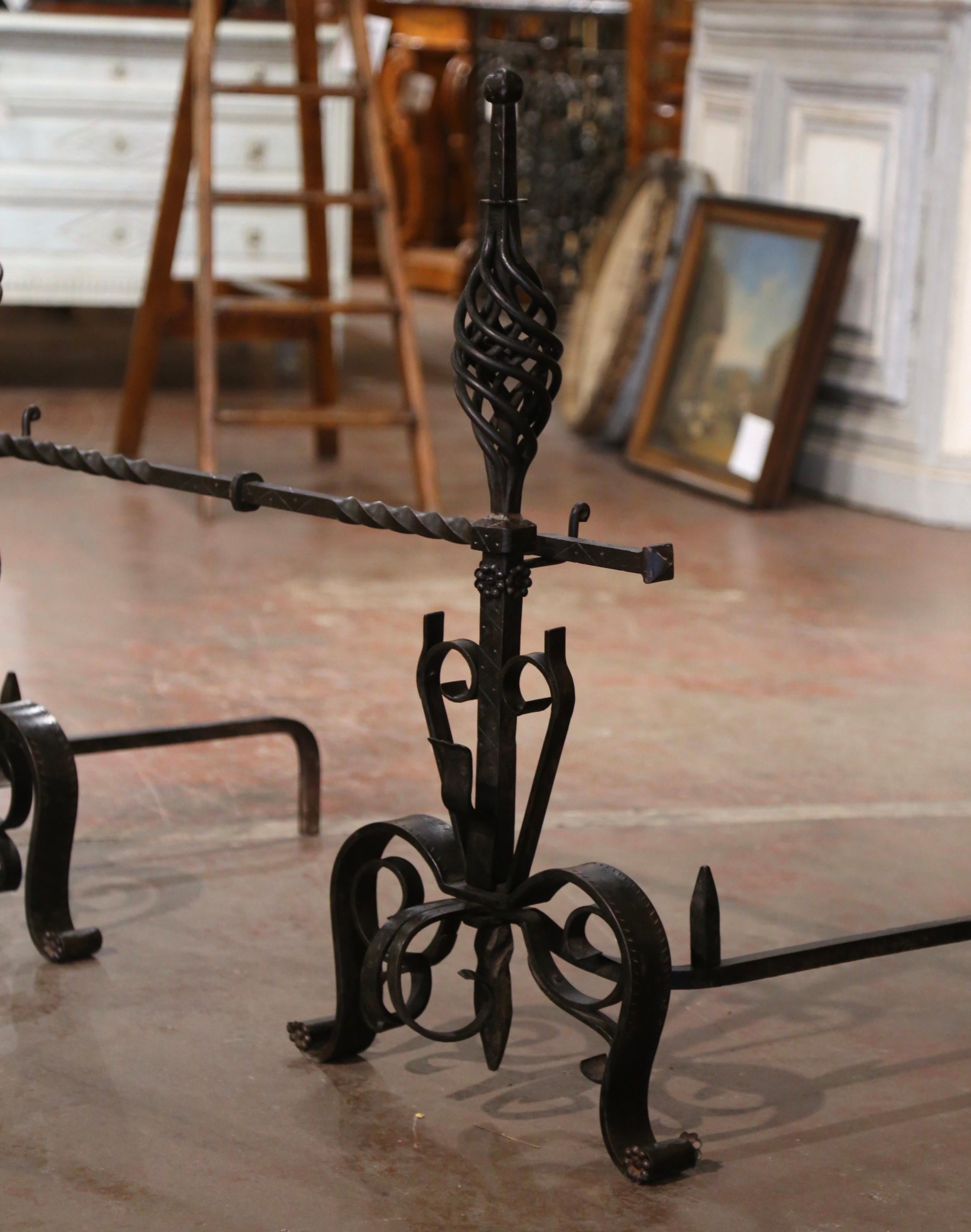 Pair of Early 19th Century French Wrought Iron Andirons with matching Cross Bar For Sale 4