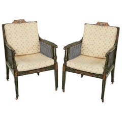 Pair of Early 19th Century George III Green and Polychrome Bergere Armchairs